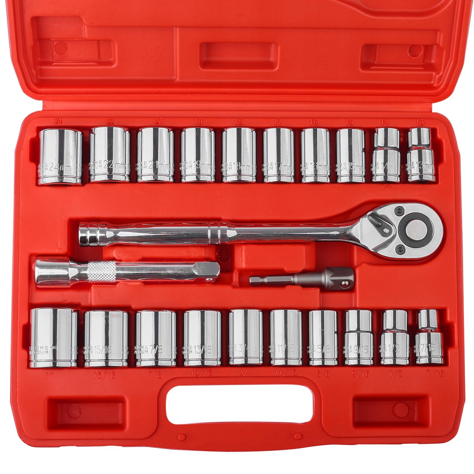 Egofine 1/2 Drive Socket Set, 23 Piece Standard SAE (7/16 to 1 inch) and Metric