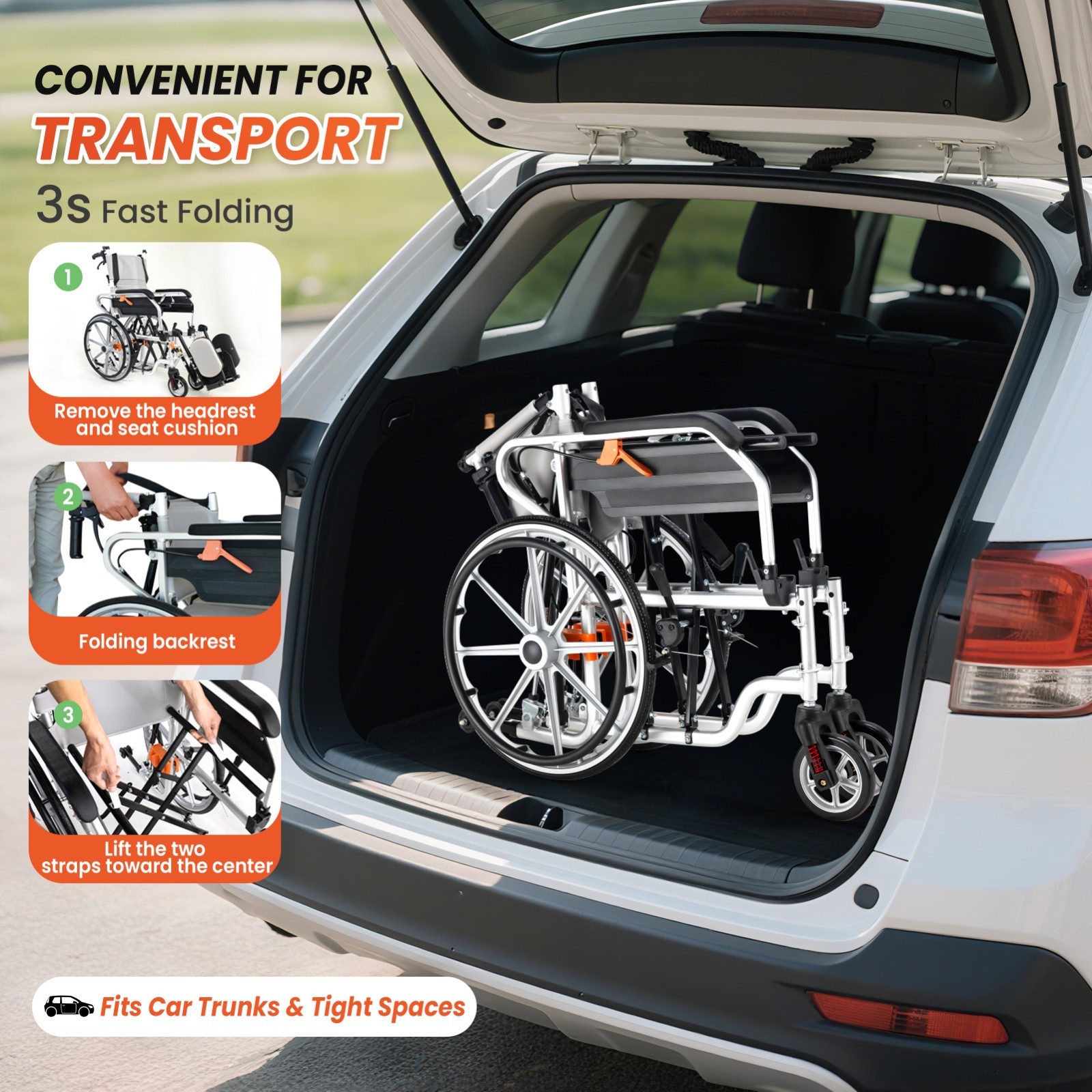 3-in-1 Multi-Purpose Wheelchair, Foldable Transport Wheelchair, Support 265 lbs