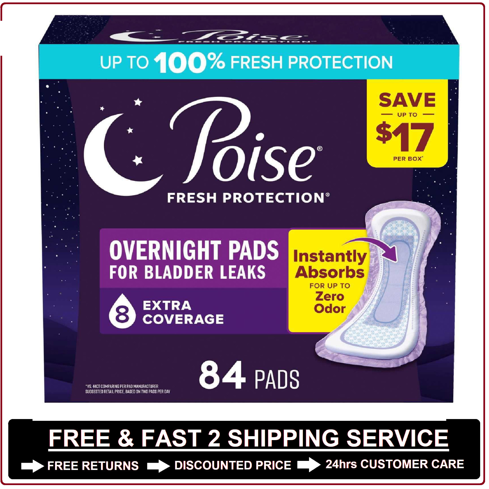Poise Incontinence Pads, 8 Drop Overnight, 84 ct