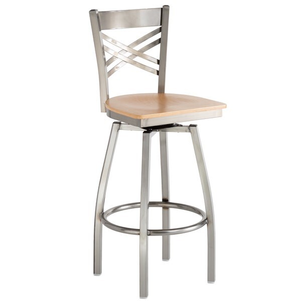 10 PACK Cross Back Clear Coat Metal Swivel Restaurant Barstool with Natural Wood