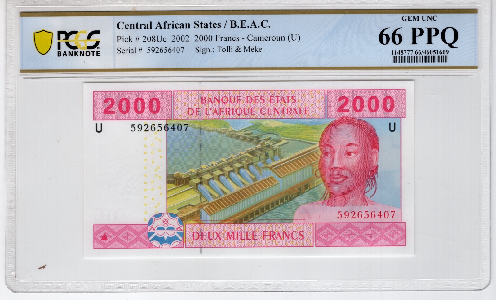 Central African States 2002 2000 Francs PCGS Banknote UNC Gem 66 PPQ Pick 208Ue