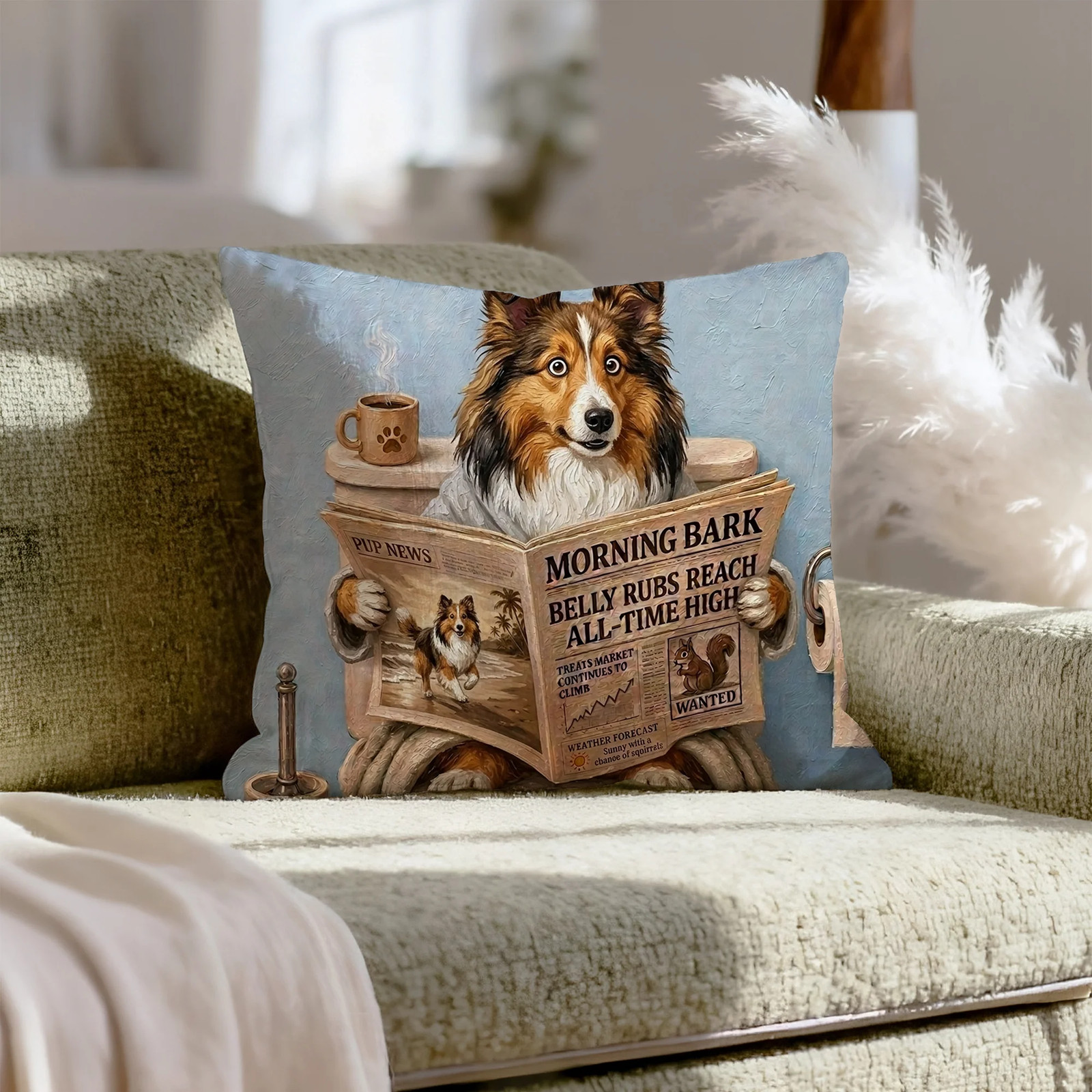 "Morning Business" - Shetland Sheepdog Pillow Cover - Dog Lover Home Decor