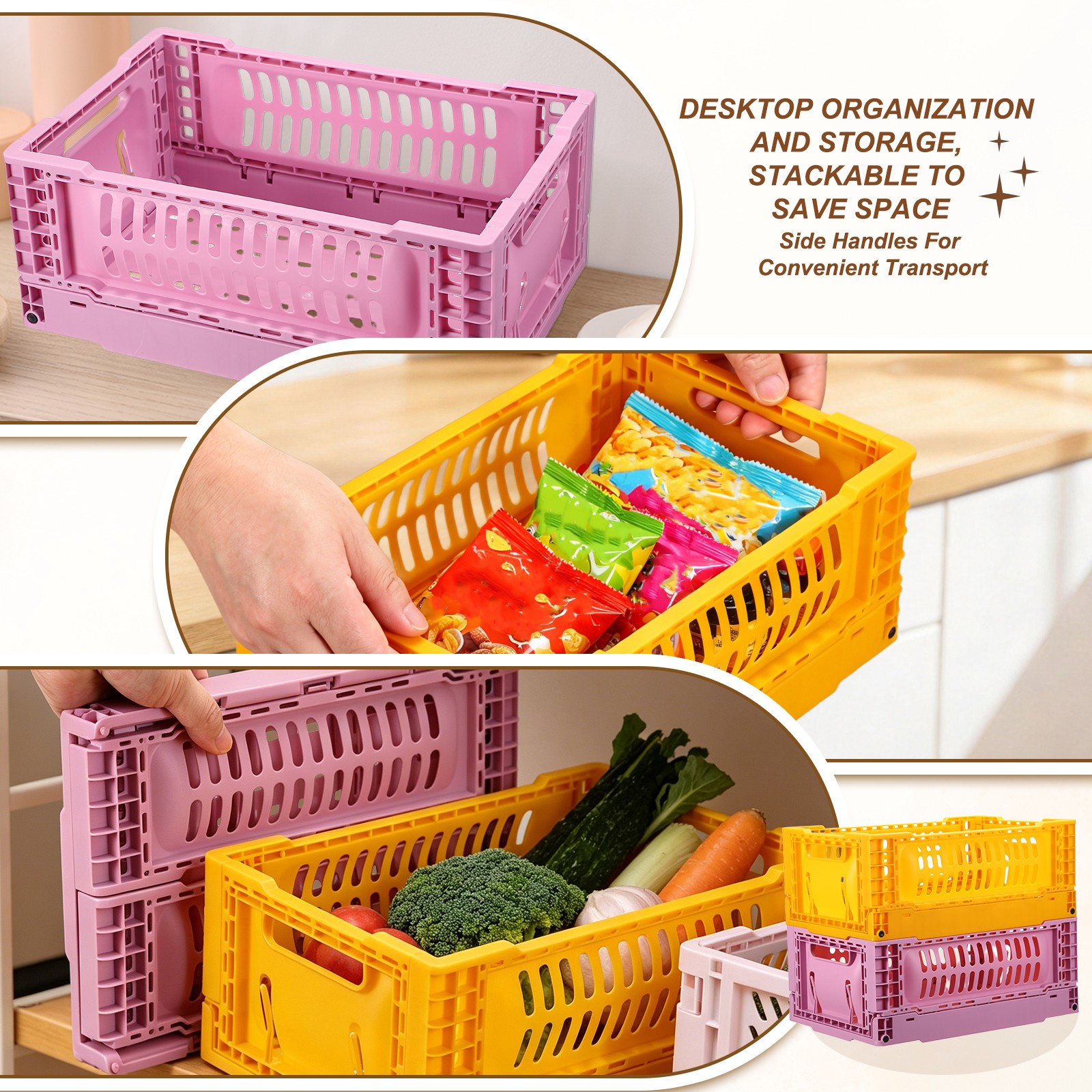 Collapsible Crates, 11.7x7.8x4.7" Small Plastic Storage Baskets, Rose Red