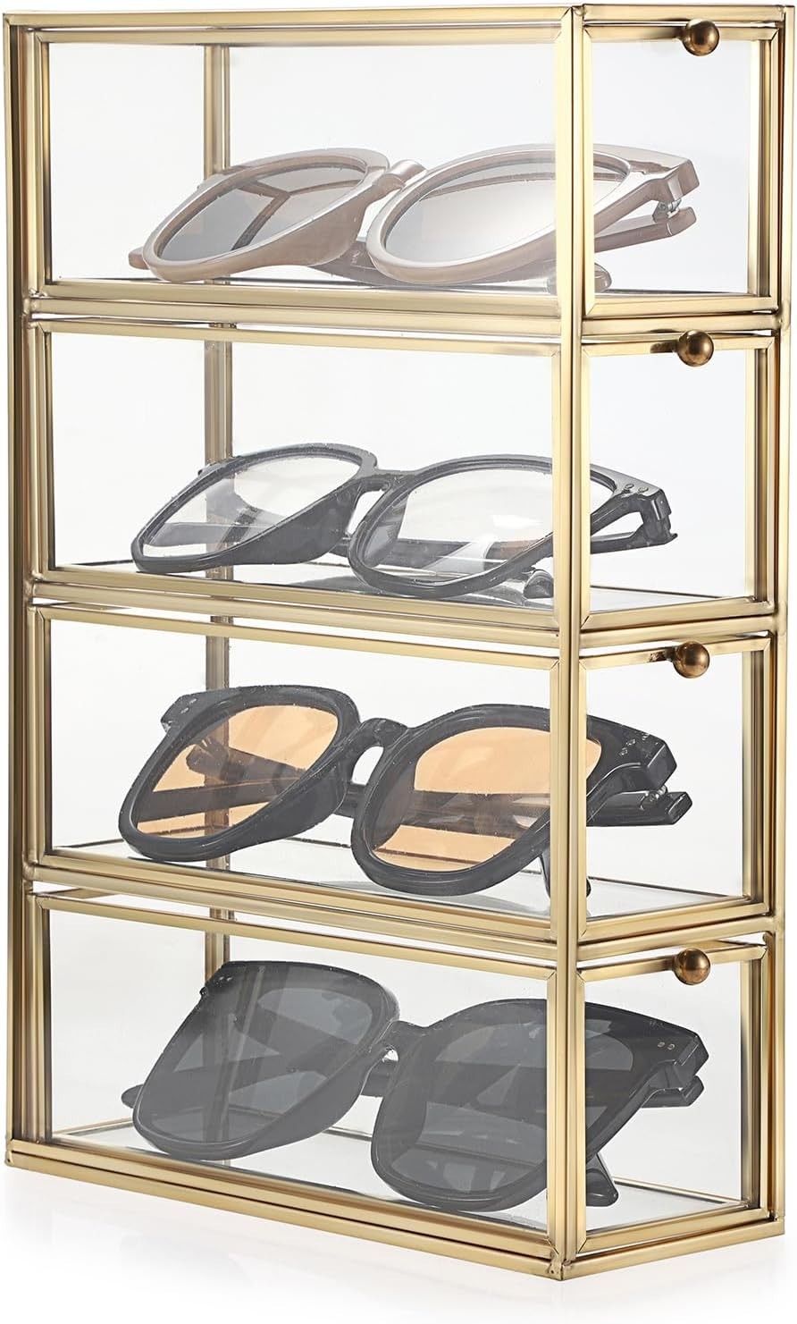 Sunglasses Organizer Box W/ 4 Drawers Gold Metal Eyeglass Storage Holder Eyewear