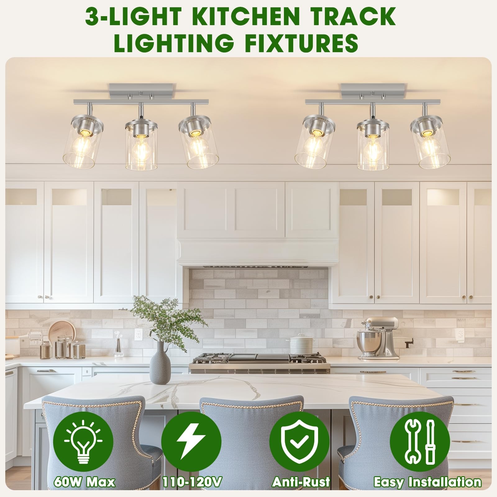 FadimiKoo 3-Lights Kitchen Light Fixtures Ceiling 3-Lights, Brushed Nickel