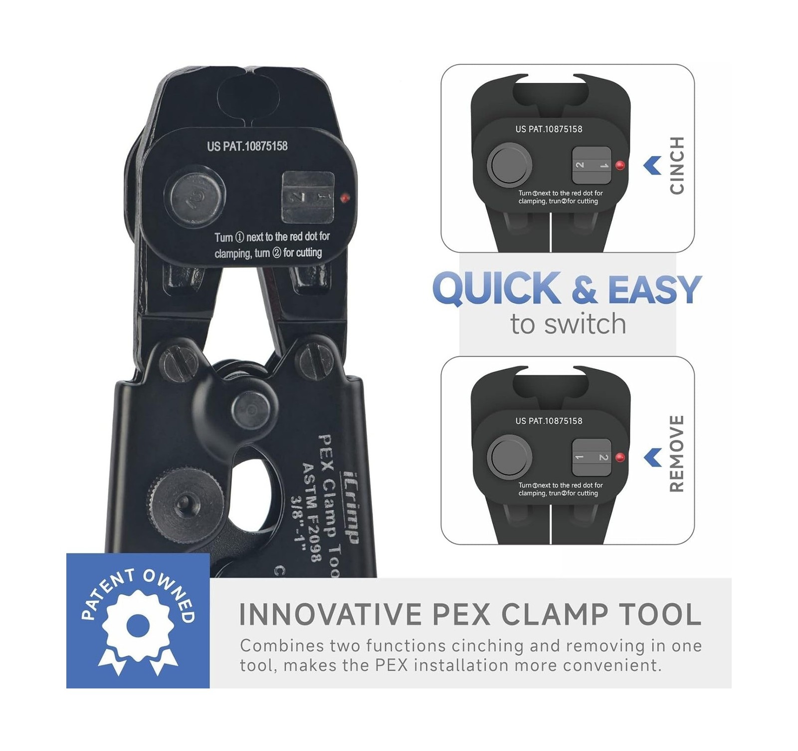 iCrimp Ratchet PEX Cinch Tool with Removing Function for 3/8-in, 1/2-in, 3/4-...