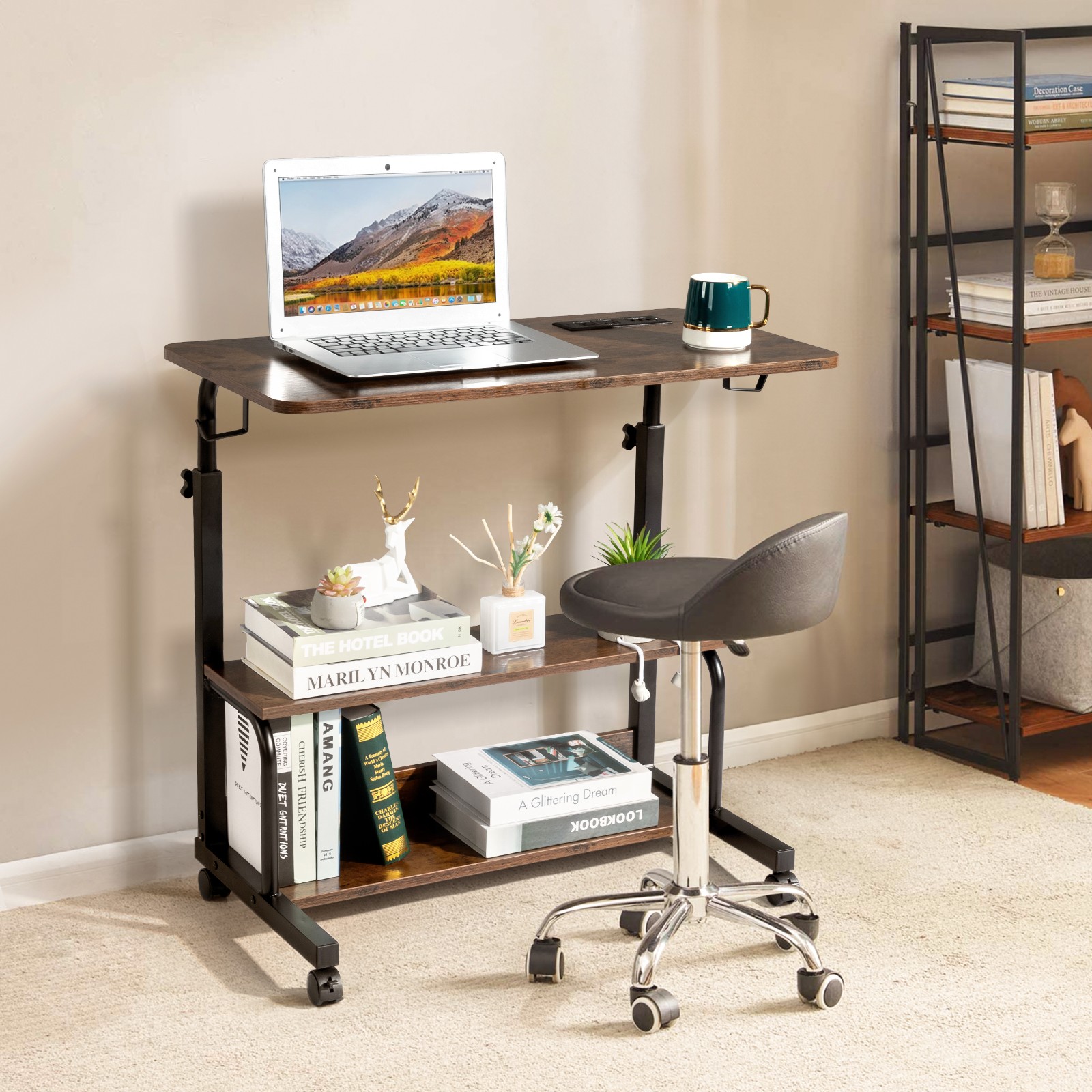 Vintage Brown Adjustable Computer Desk,3 USB + 2 AC Outlets,80‑104 cm Height