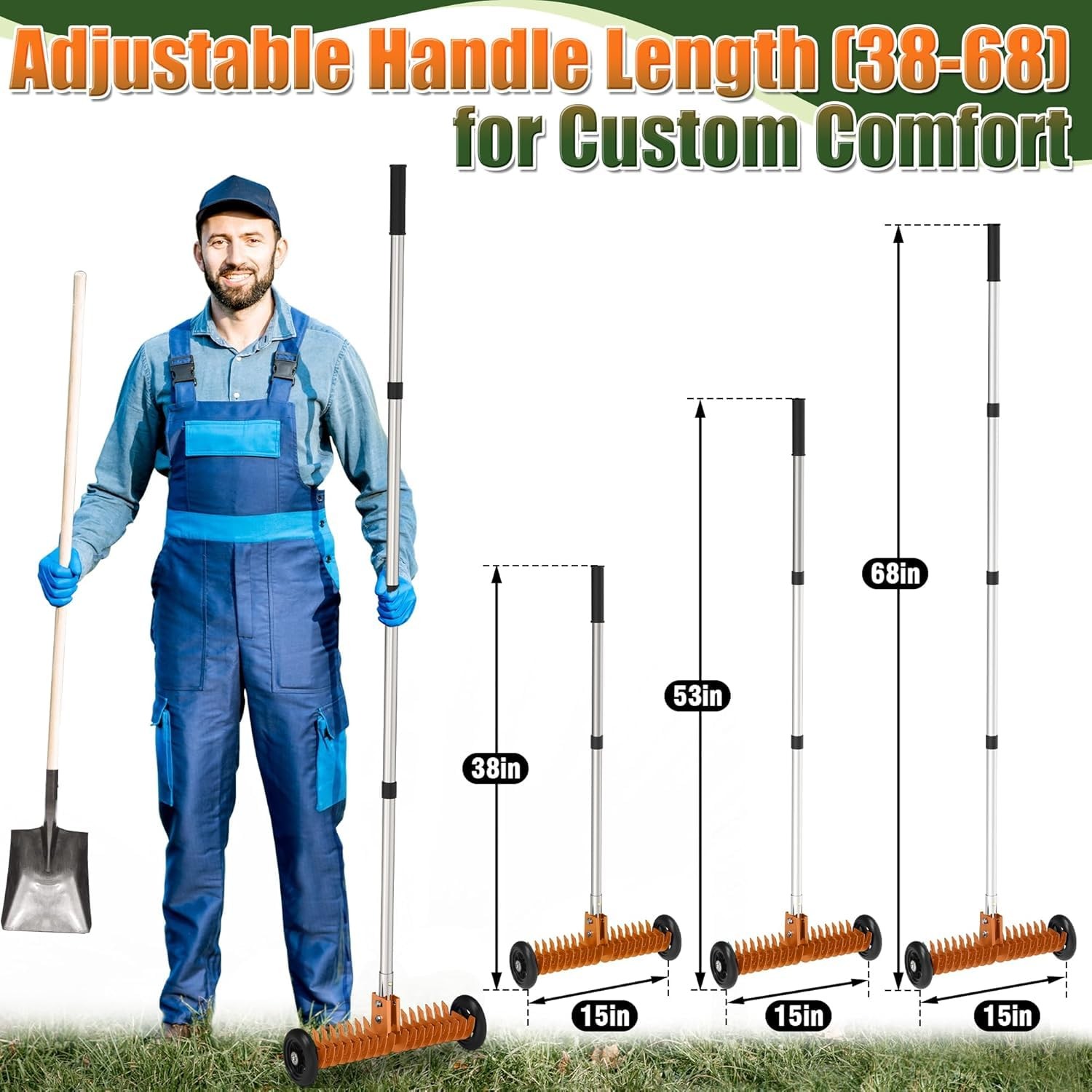 15Inch Thatch Rake, Adjustable HeavyDuty Dethatcher for Lawn Care