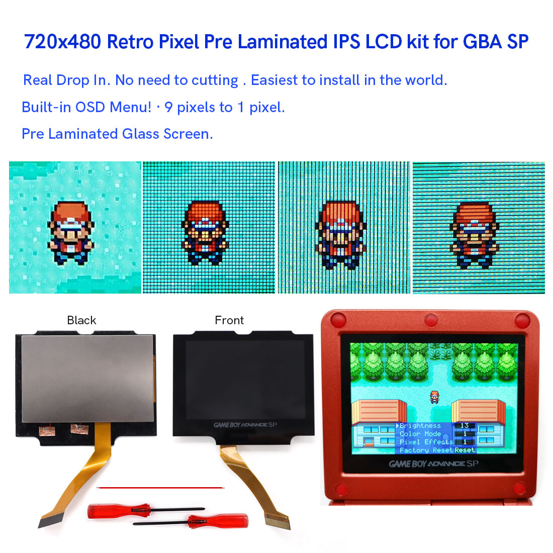 V5 Drop In 720x480 Pre-Laminated Retro Pixel IPS LCD Screen + Shell For GBA SP
