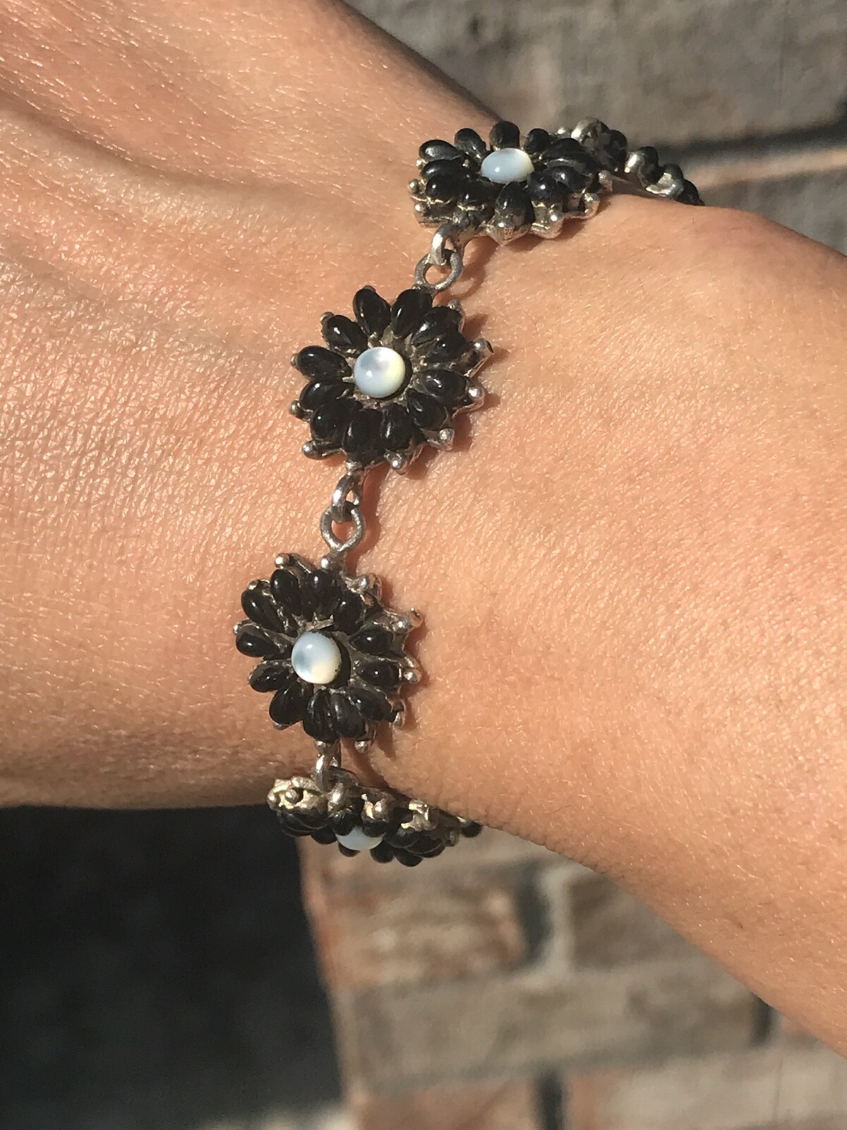 UNIQUE STERLING SILVER  BRACELET with ONYX & MOTHER OF PEARL FREE SHIPPING!!!
