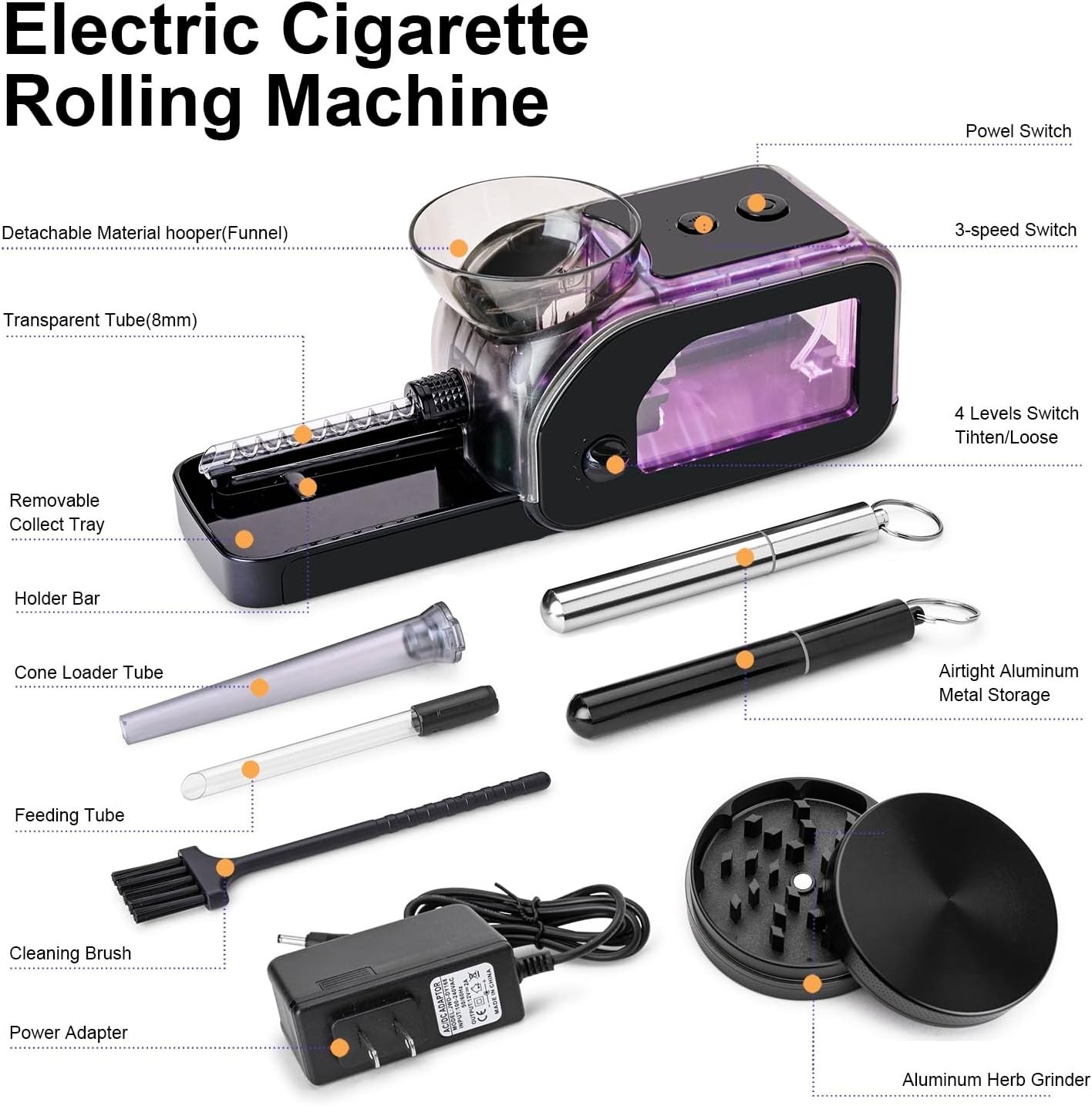 Electric Cone Rolling Machine Set with Grinder & LED Light