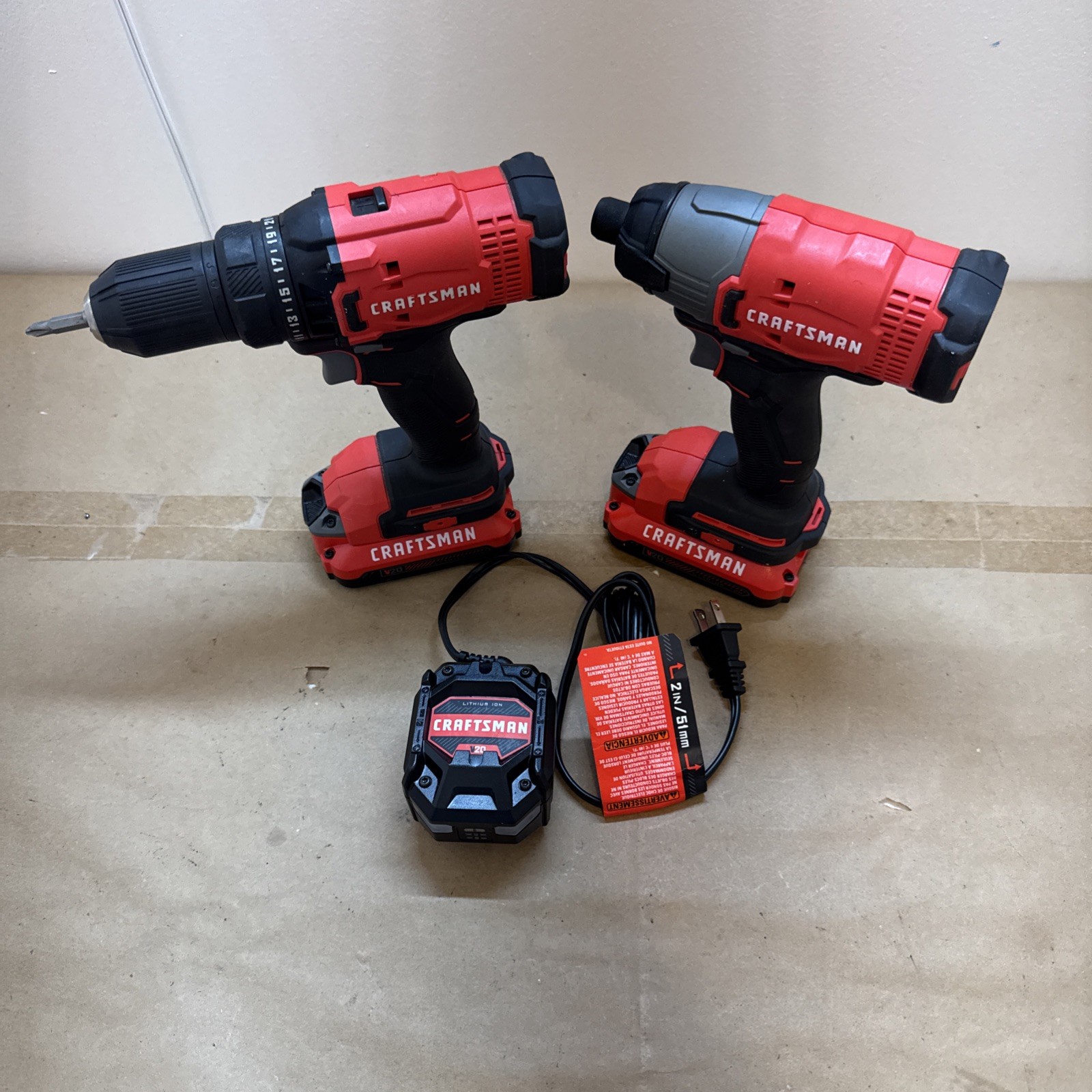 Craftsman V20 CMCF800 1/4" Impact Driver CMCD700 1/2" Drill Kit W 2 Bat/Charger