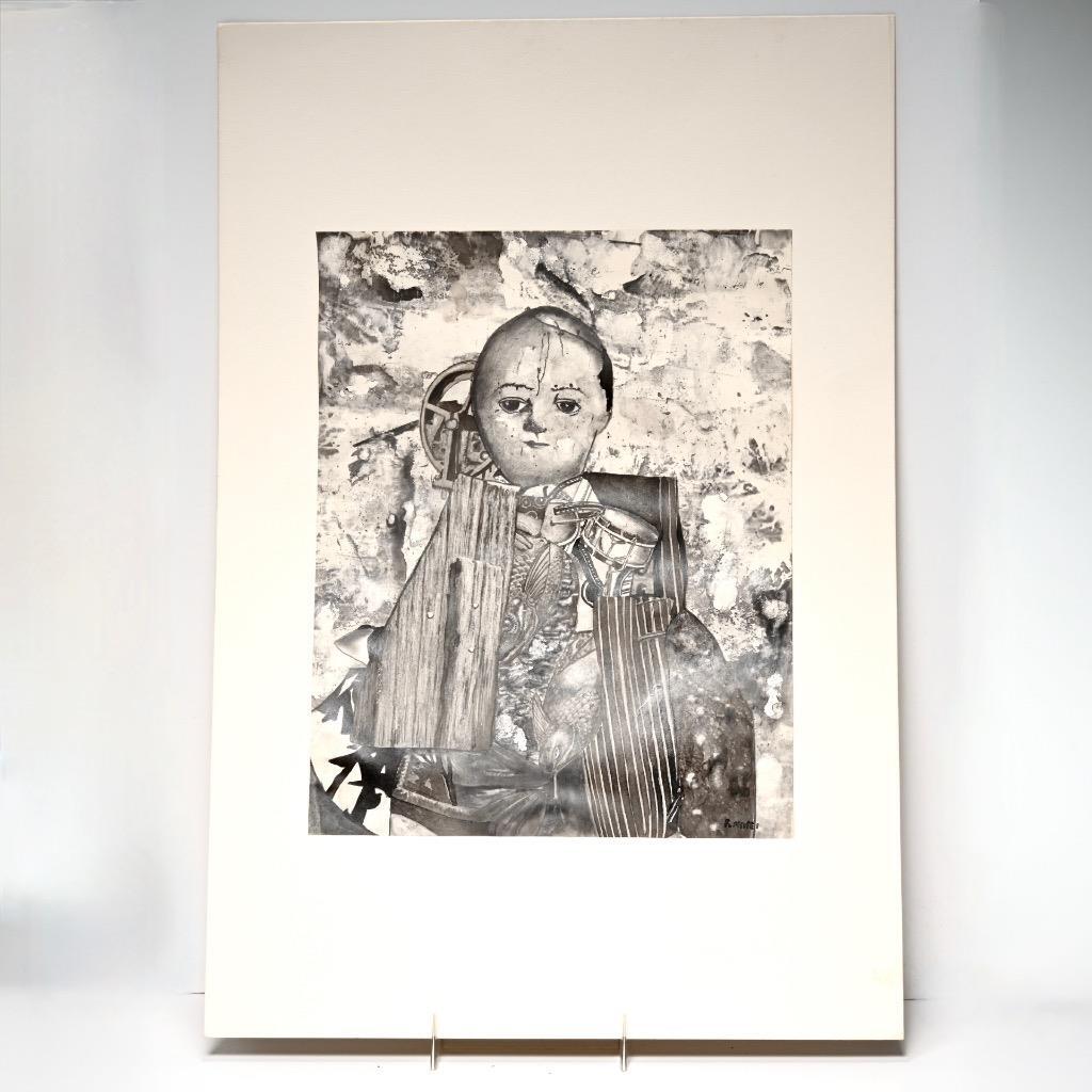 Franco Minei (Italy) Mixed Media Surreal Doll on Paper Signed 8" x 7.5"