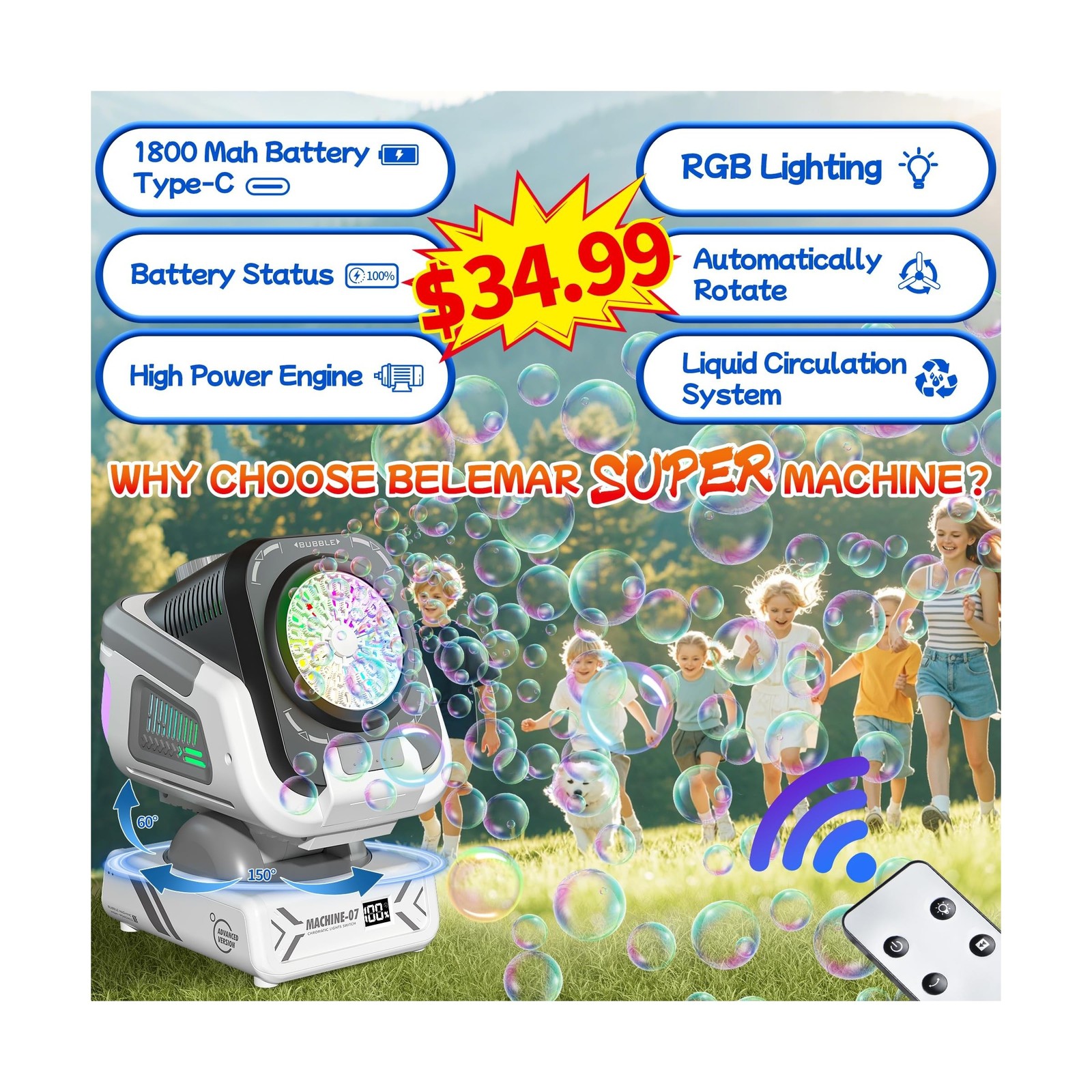 Upgraded Bubble Machine with Remote Control, Automatic Rotation & R... Fast Ship