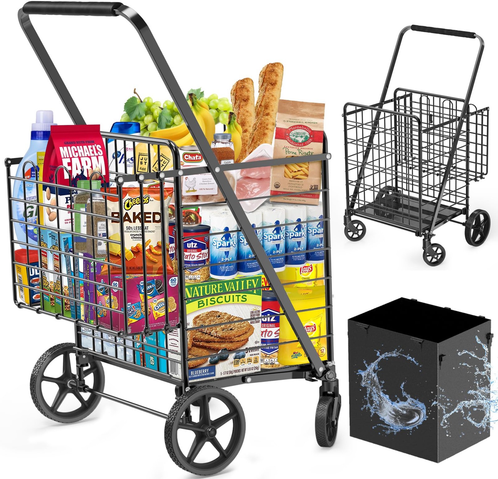 Heavy Duty Shopping Cart 455lbs Wheels Folding Dual Basket Utility