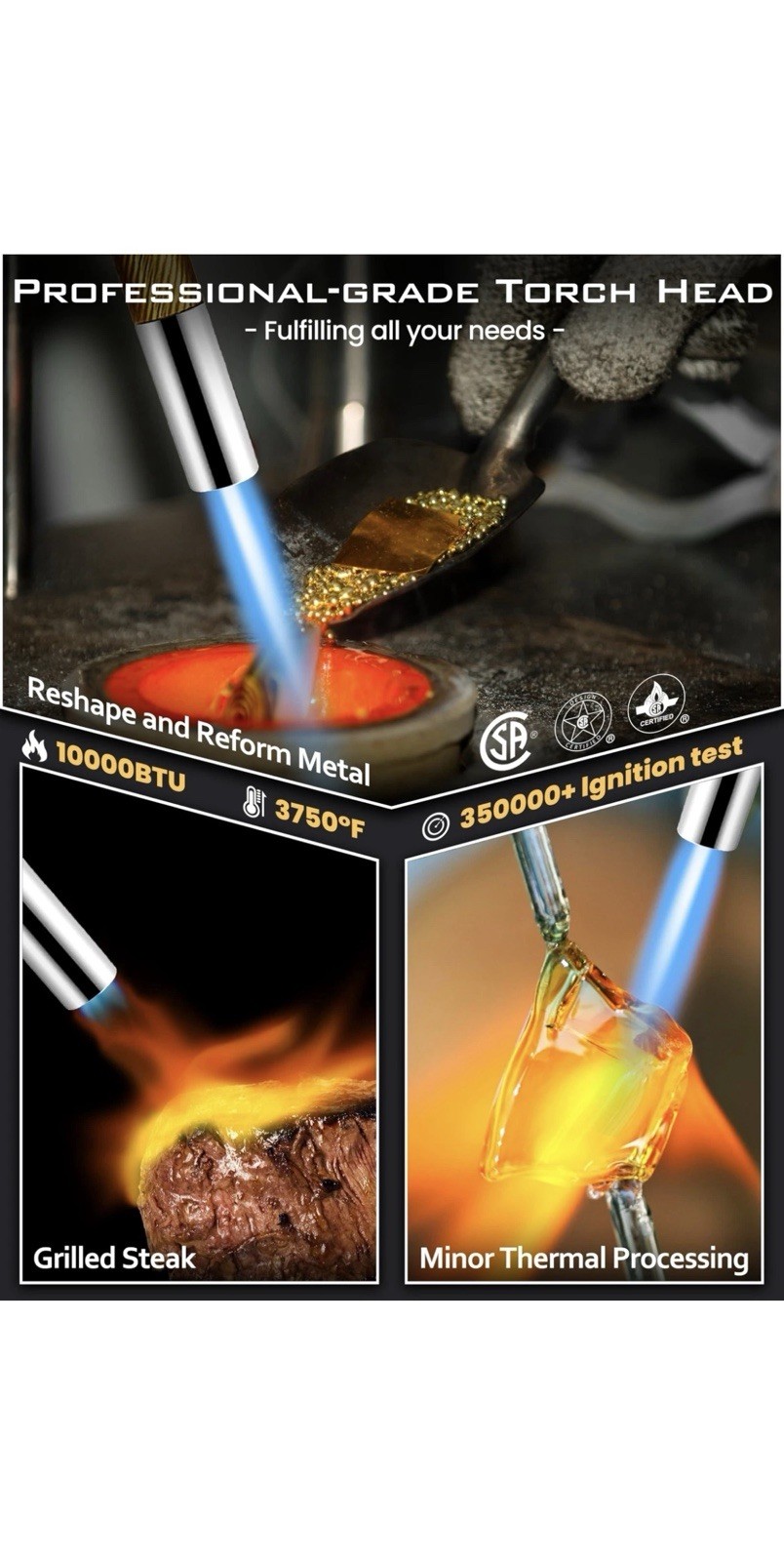 High-Intensity Adjustable Propane Torch Head with Self-Ignition Feature