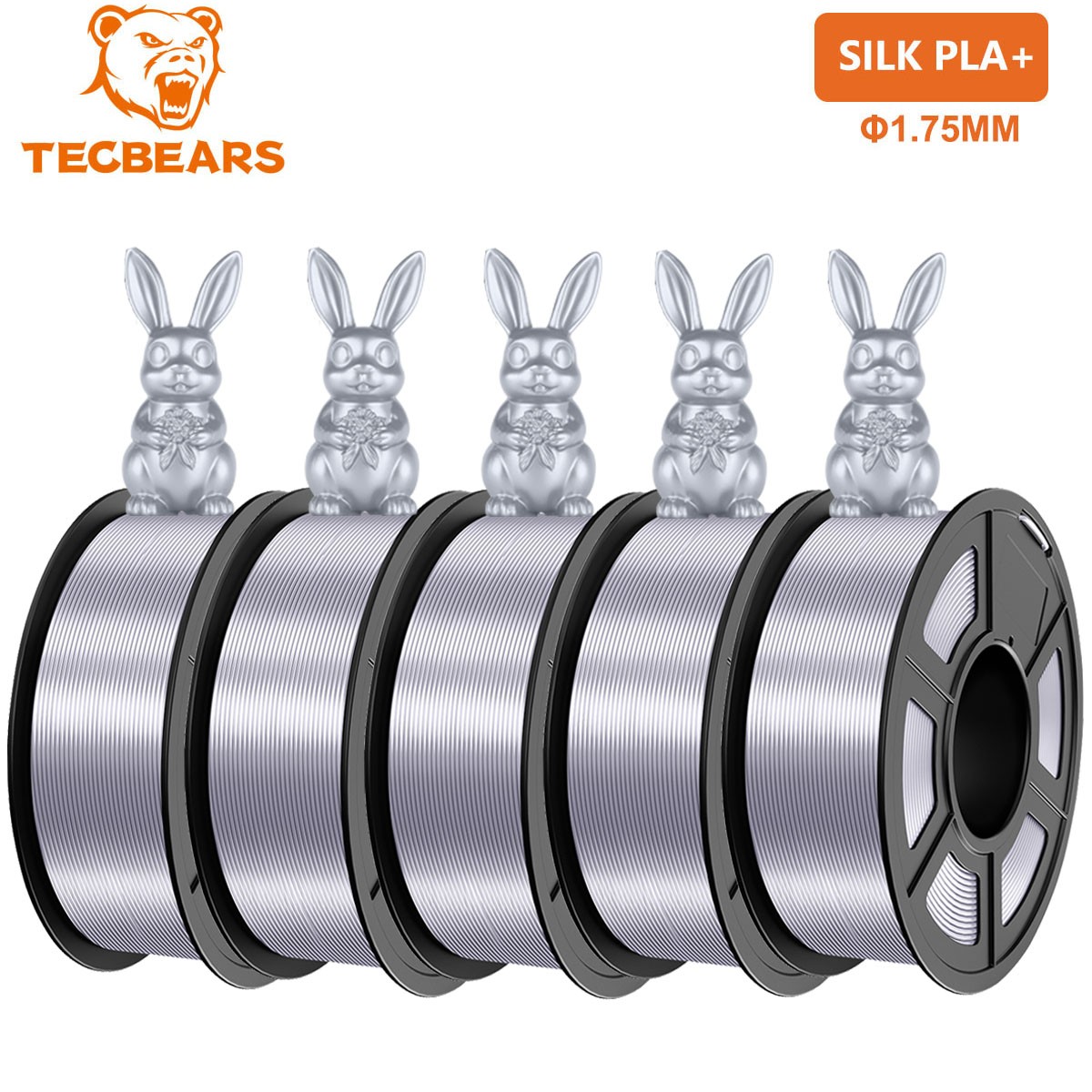 5KG TECBEARS PLA+ SILK Filament 3D Printer Consumables 1.75mm Knot-Free Silver