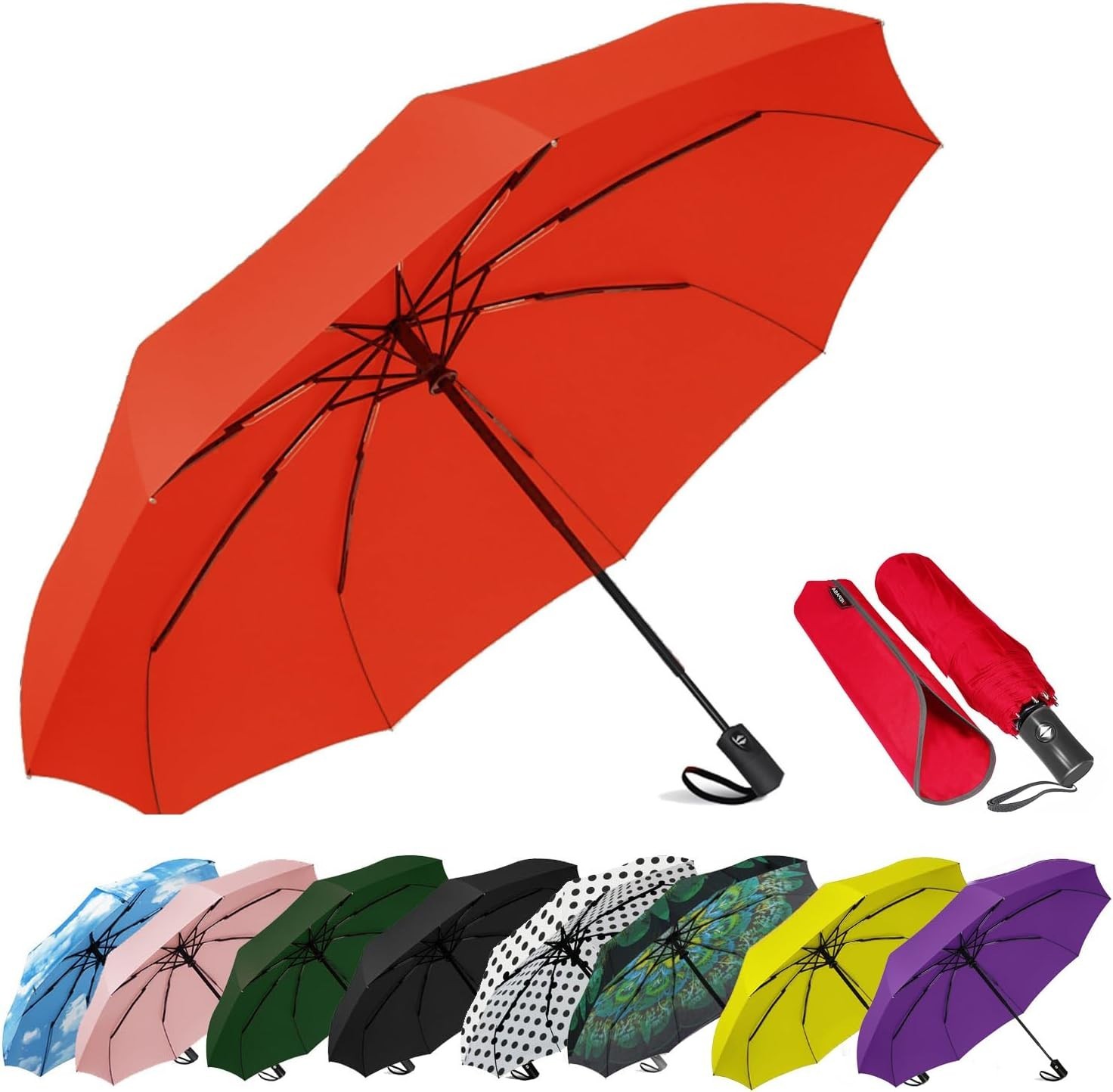 Windproof Travel Umbrellas Durable & Compact folding Umbrellas for Rain+UV Prote