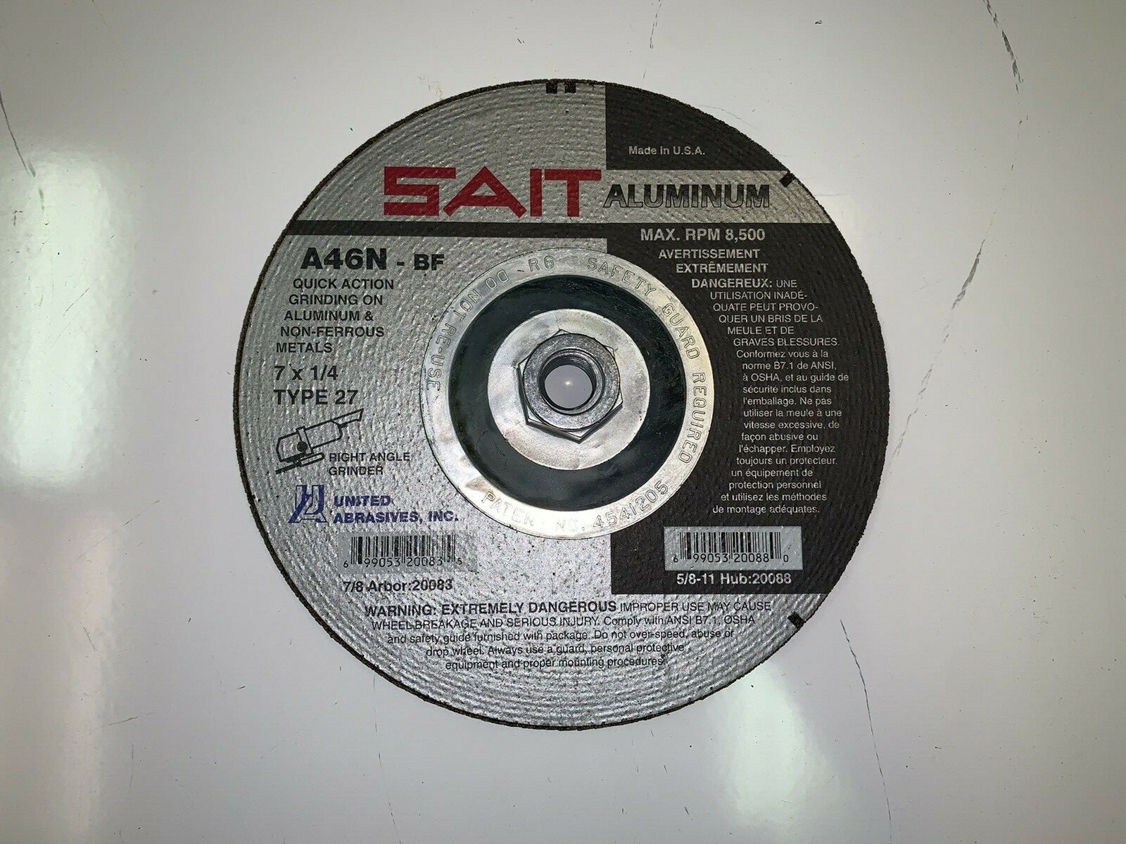 NEW! SAIT 20088 - Grinding Wheels, 7" X 1/4" X 5/8"-11, TYPE 27, Aluminum Oxide