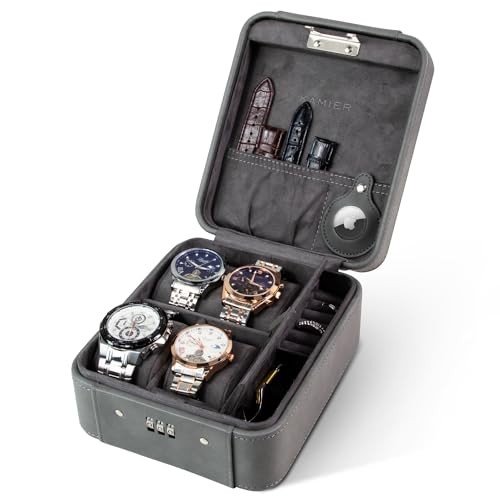 Watch Case with Combination Lock - 4 Watch Storage and Jewelry Organizer  Grey