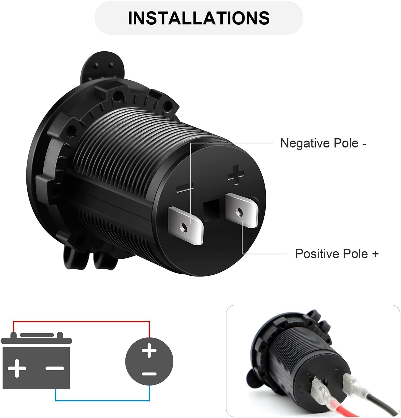 Versatile 12V Waterproof Power Outlet Socket with Long Wire & Installation Kit
