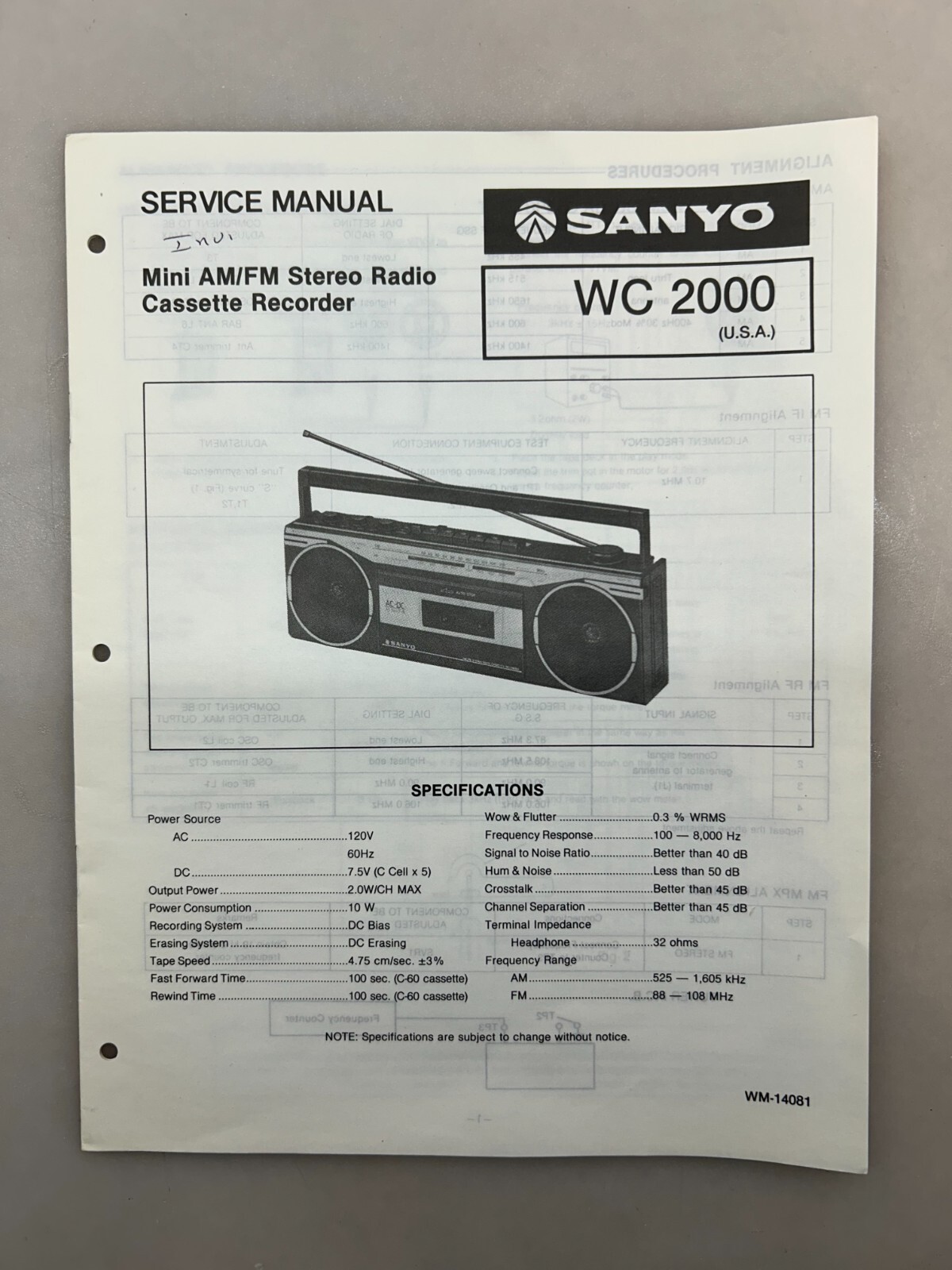 Sanyo WC2000 Original Service Manual Free Shipping