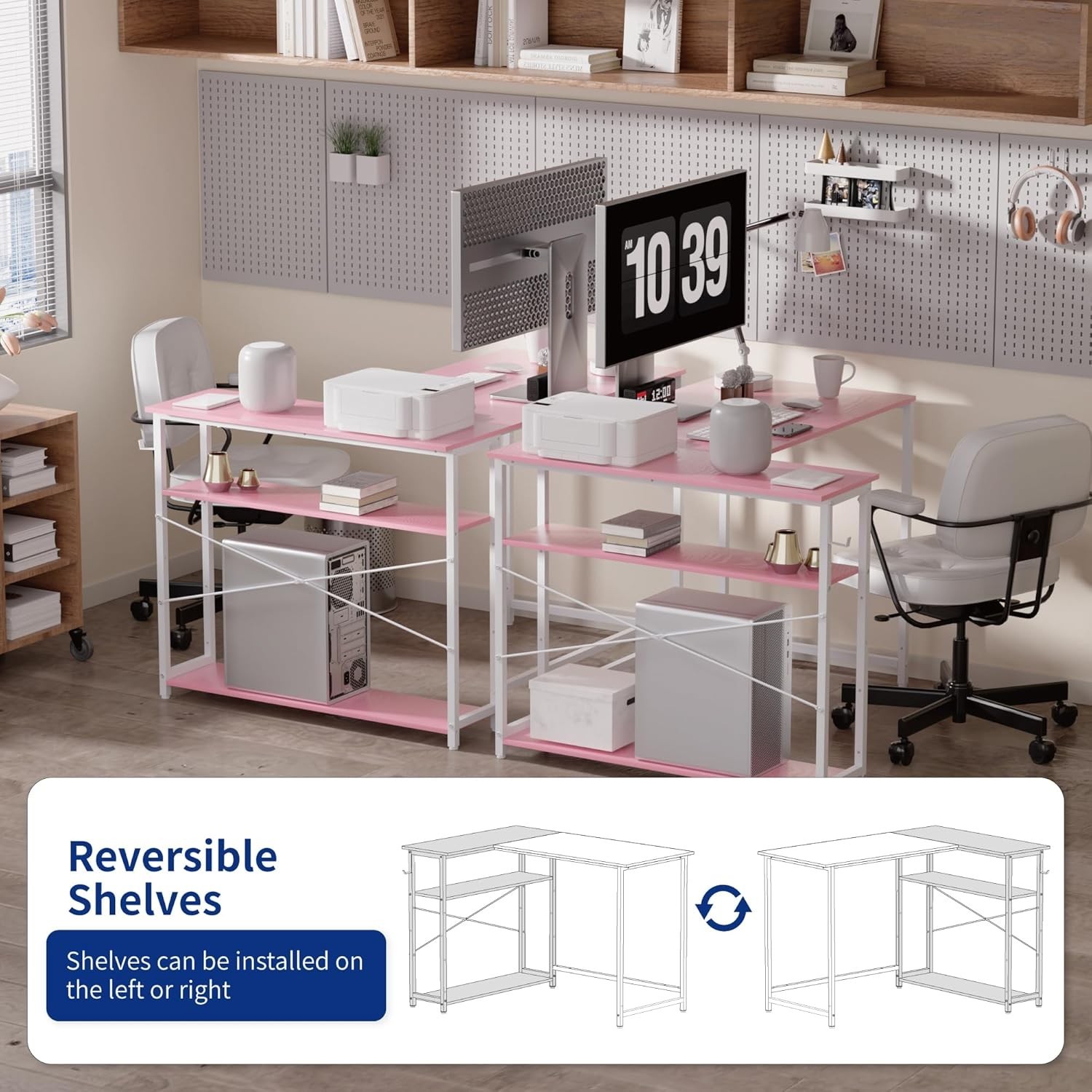 43 Inch L Shaped Computer Desk W/ Reversible Side Storage Shelves Small Corner