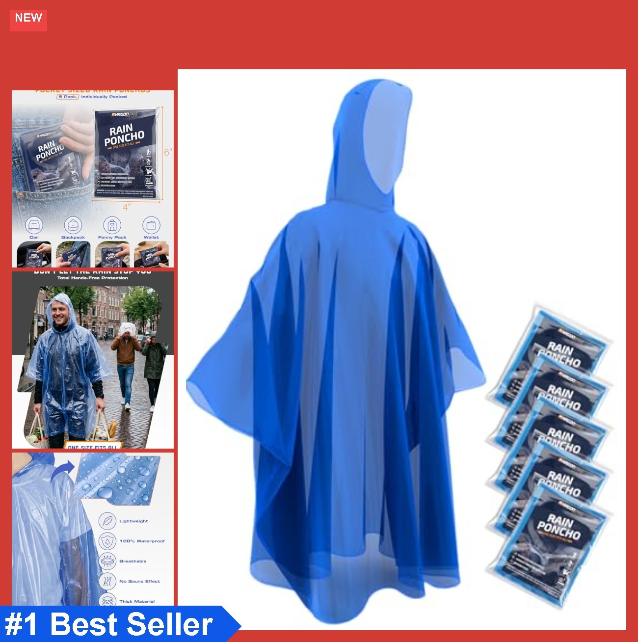Disposable Rain Ponchos 5 Pack Adult 48x40 Inch Heavy Duty Waterproof PE