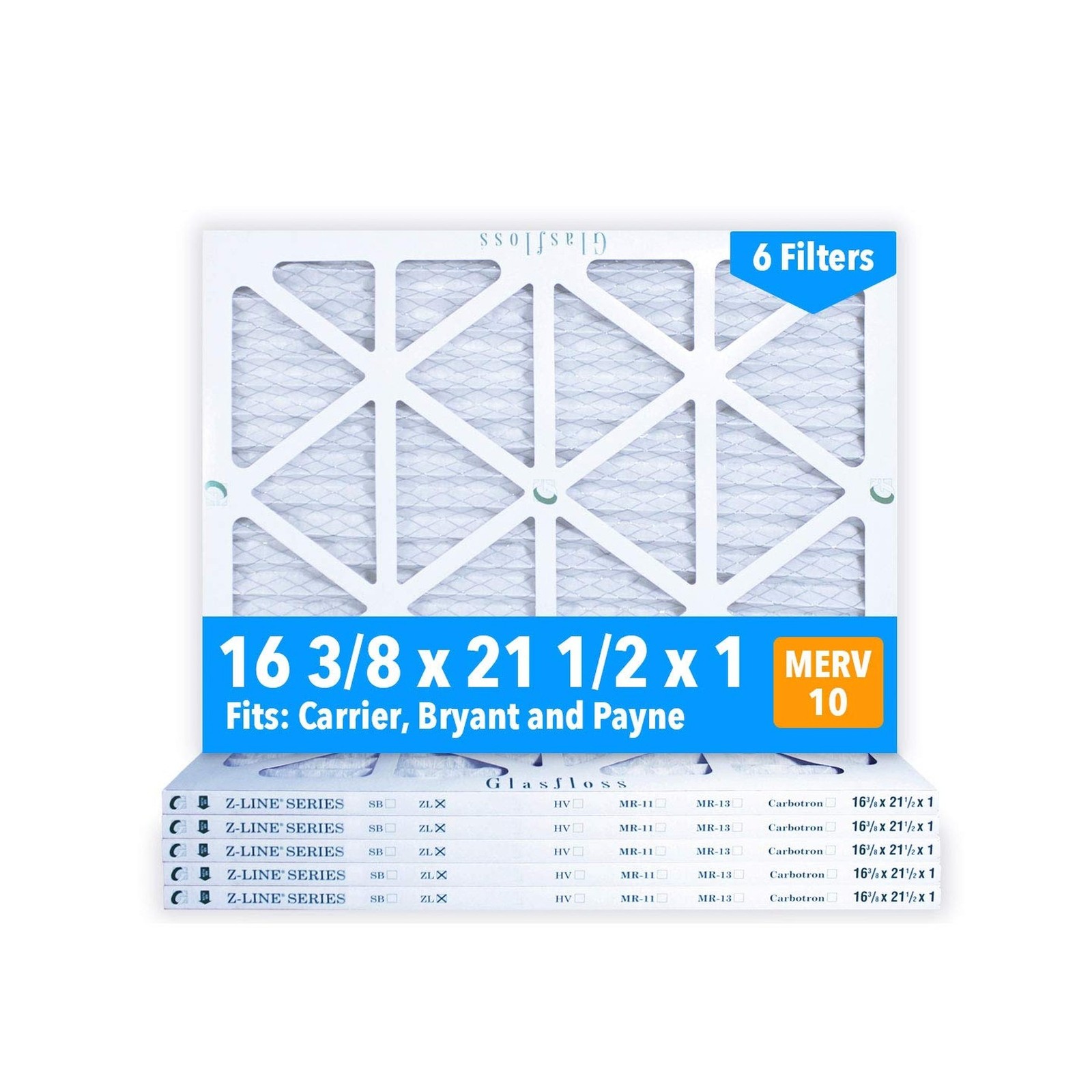 Glasfloss 16-3/8 x 21-1/2 x 1 Air Filters (Case of 6), MERV 10, Pleated, Made...
