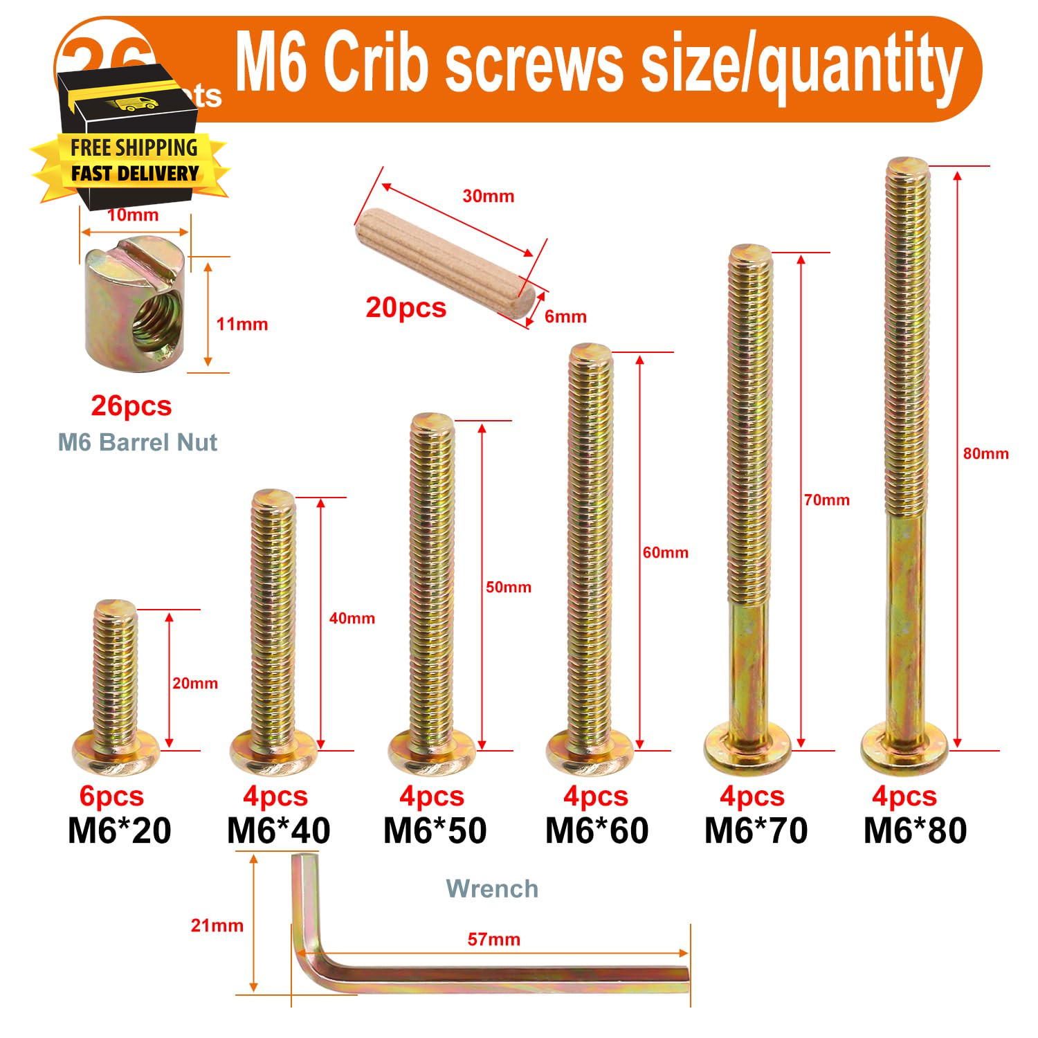 26 Set Crib Screws Hardware Replacement Kit Baby Bed Frame Bolts M6X20/40/50/60/