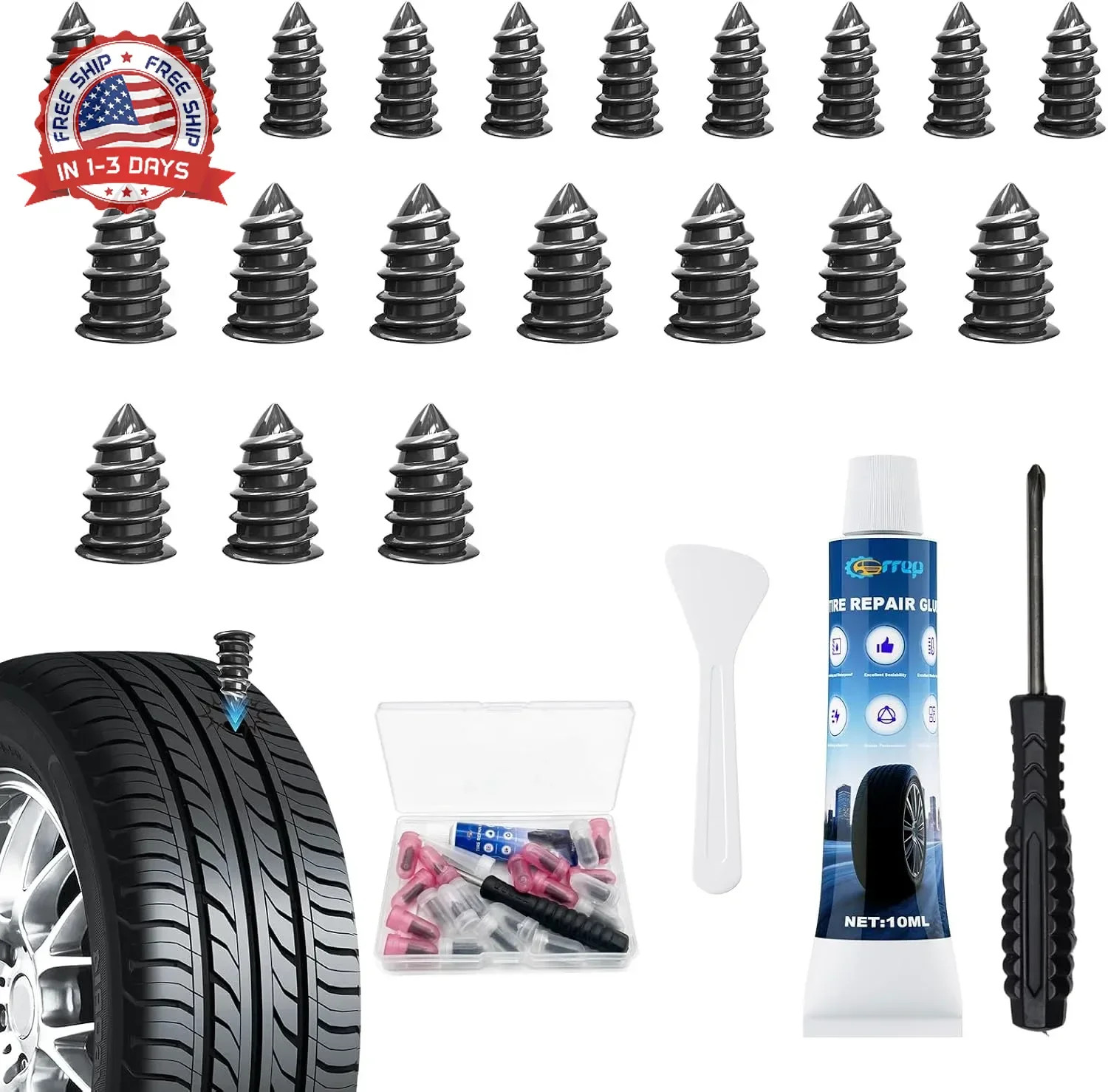 Tubeless Tire Repair Rubber Nails 2 Sizes 20 Pcs Screw for Car SUV Motorcycle