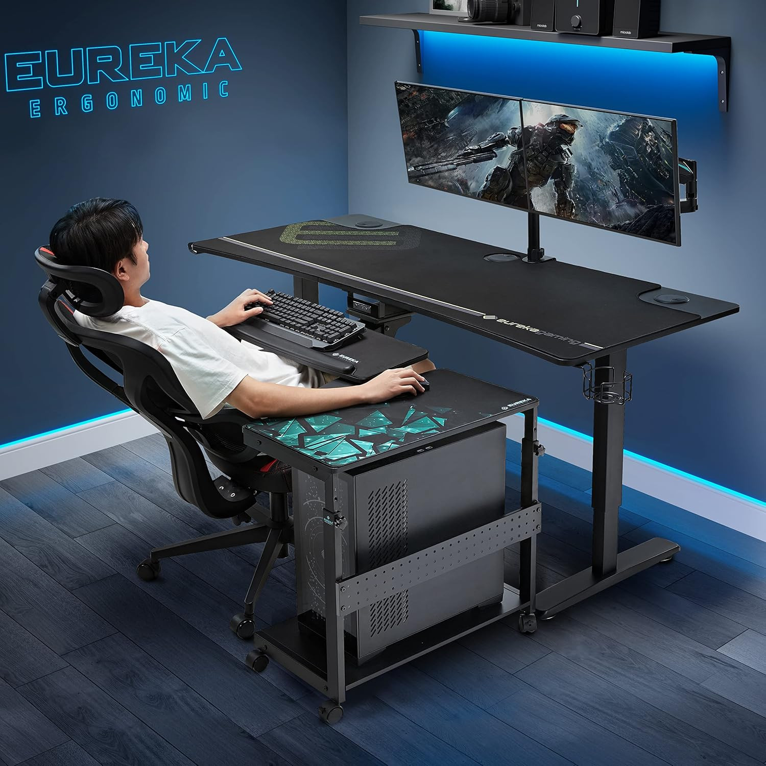 PC Stand Computer Cart, Height Adjustable Tower Stand 2-Tier Suit for ATX Case P