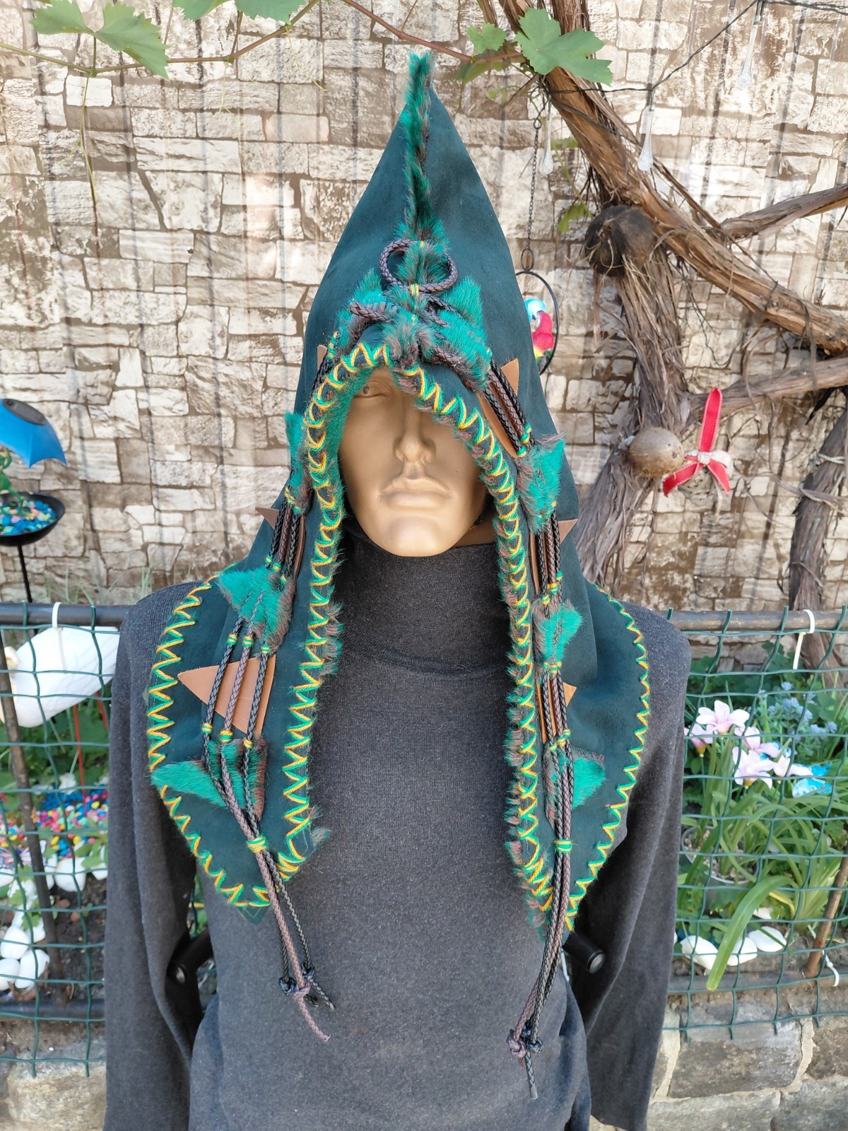 Scythian-Slavic Style Winter Hat Handmade Casual Cap, Unisex S58-59 Green #5
