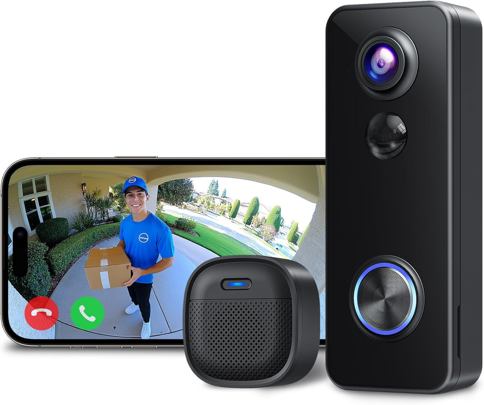 Battery Video Doorbell with 180 Degree Head to Toe Video 2.4G Wi Fi with Chime