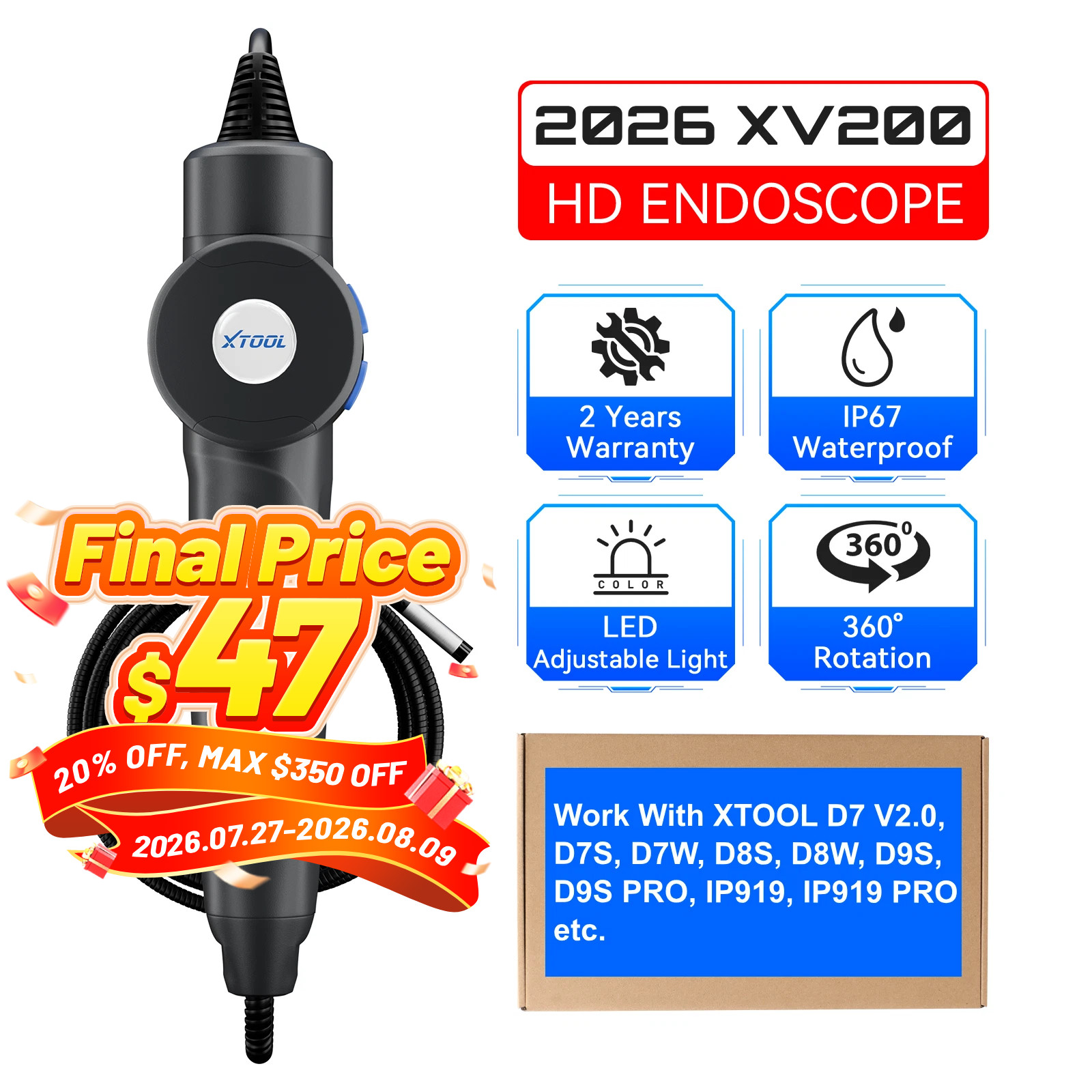 XTOOL XV200 Auto HD Endoscope Type C Borescope Inspection LED Light 1080P Camera