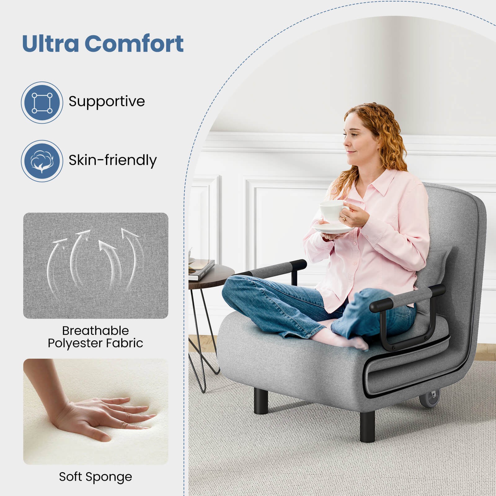 3-in-1 Convertible Sofa Bed with 5-Position Adjustable Backrest & Lumbar Pillow