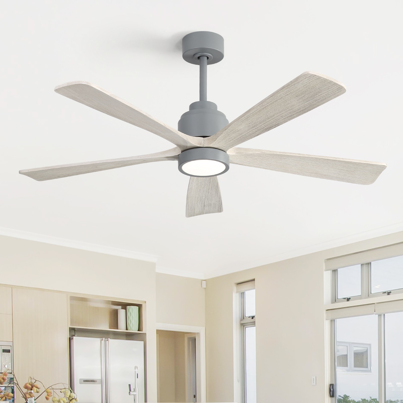 52in Solid Wood Ceiling Fan with Light and Remote Control Quiet Reversible Motor