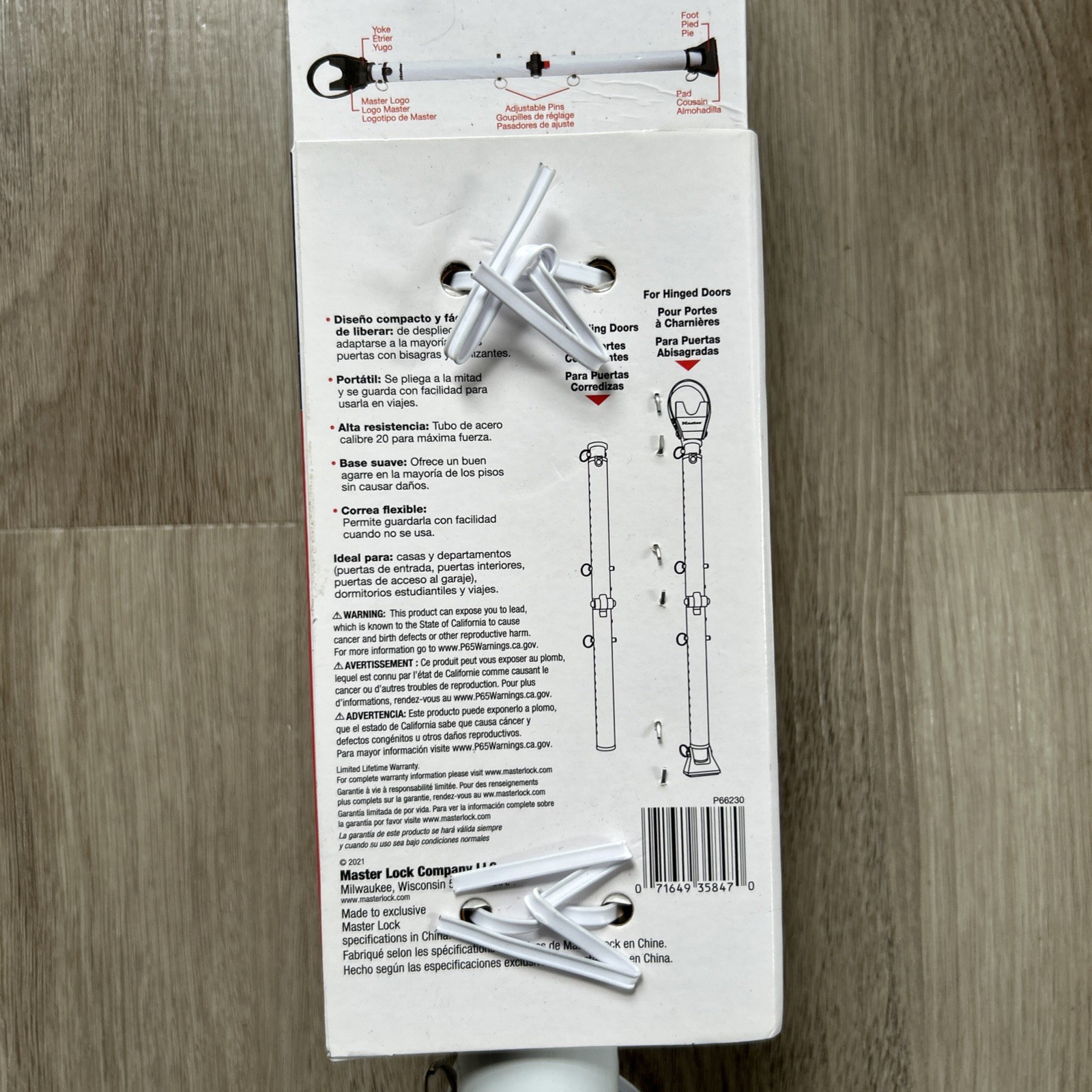 Master Lock Sliding Door Stopper Security Bar Adjustable Hinged Knob Brace NEW