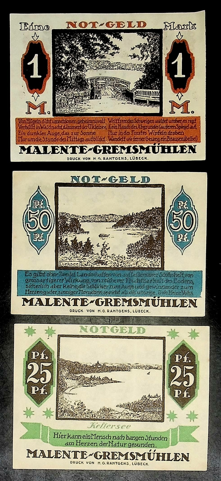 1921 Germany  MALENTE 25 50 100 Phennig Banknote / Notgeld