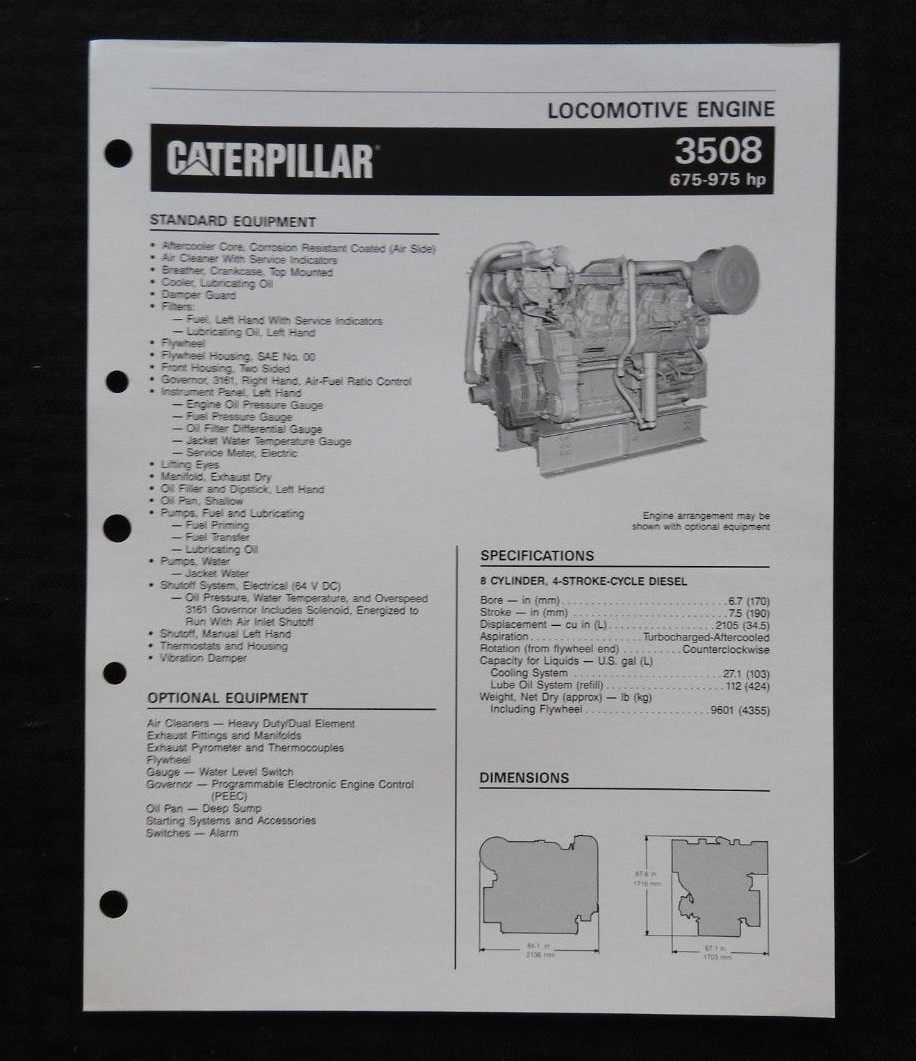 1989 CATERPILLAR 3508 675-975hp LOCOMOTIVE DIESEL ENGINE SPECIFICATION BROCHURE