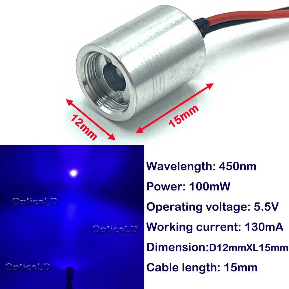 450nm Blue 100mW Laser Diode Module Laser Head Dot Spot φ12X15mm (No Driver)