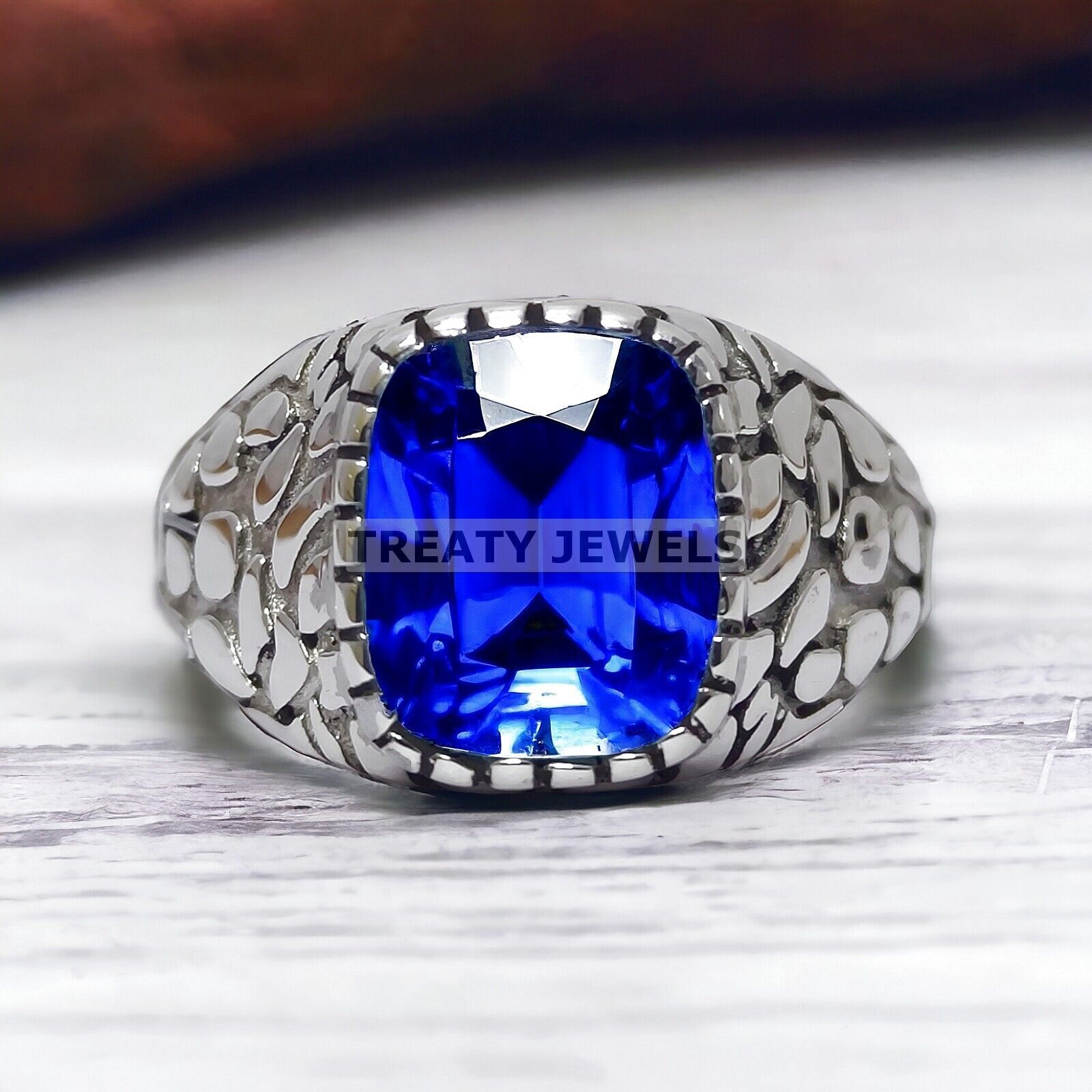 Blue Sapphire Cushion Cut Gemstone With 14K Solid White Gold Ring For Men's #291