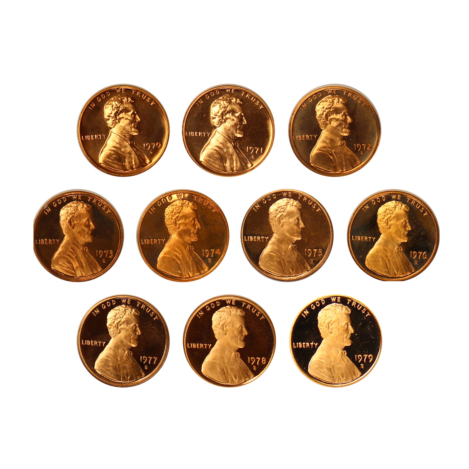 1970-1979 Lincoln Memorial Cent Gem Proof Coin Run Decade - 10 Coin set