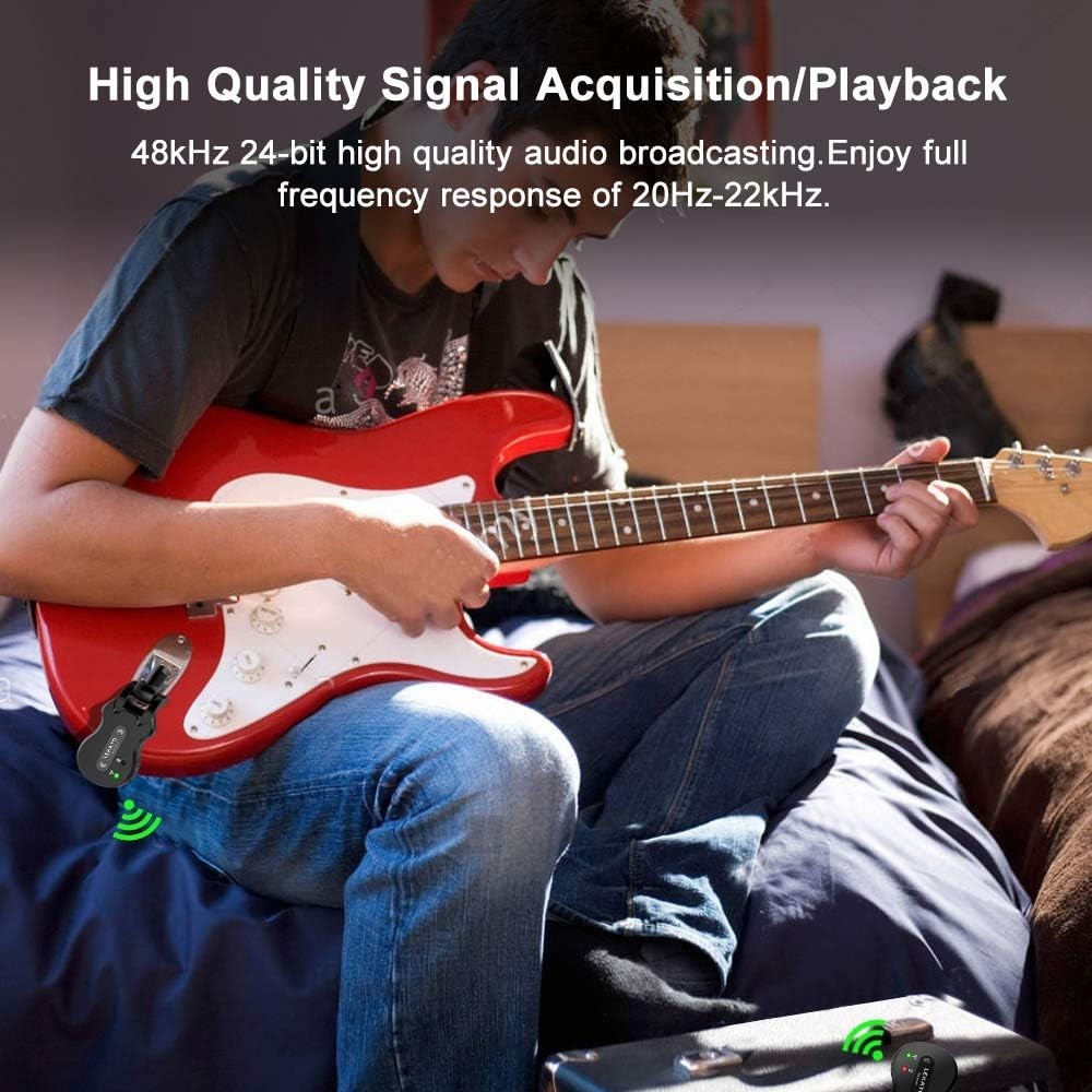 Rechargeable Wireless Guitar Transmitter & Receiver - 4 Channels, 100ft Range