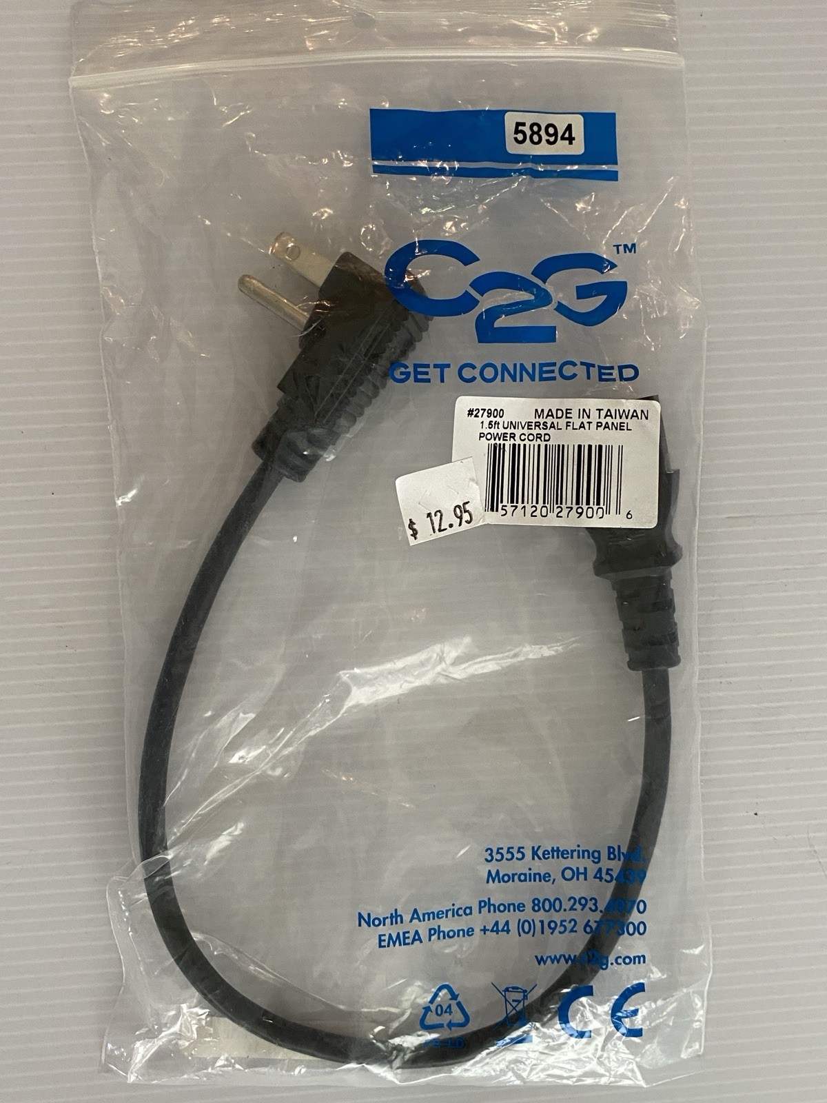 C2G 27900 18 AWG Universal Flat Panel Power Cord, 1.5 Feet, Black