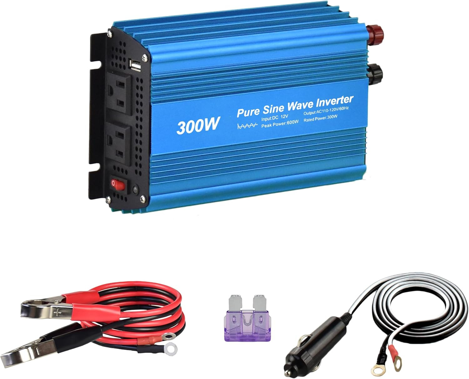 DC 12V to AC120V Pure Sine Wave Power Inverter 300W with Dual Sockets Output and