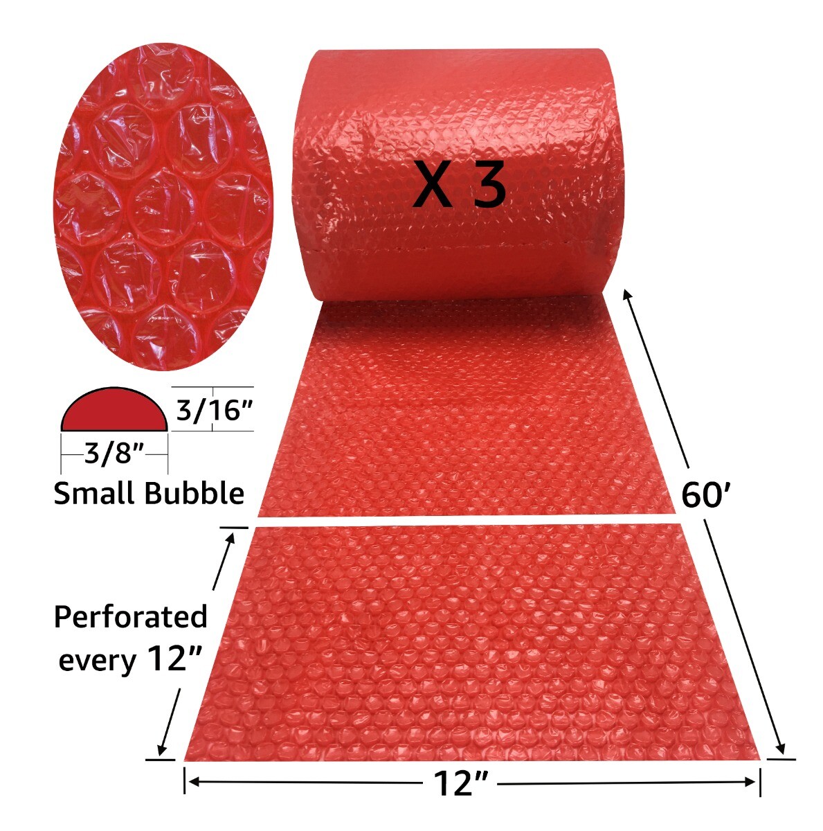 UBMOVE Small Red Bubble Cushioning Roll Size 3/16" Bubbles 12" x 180'