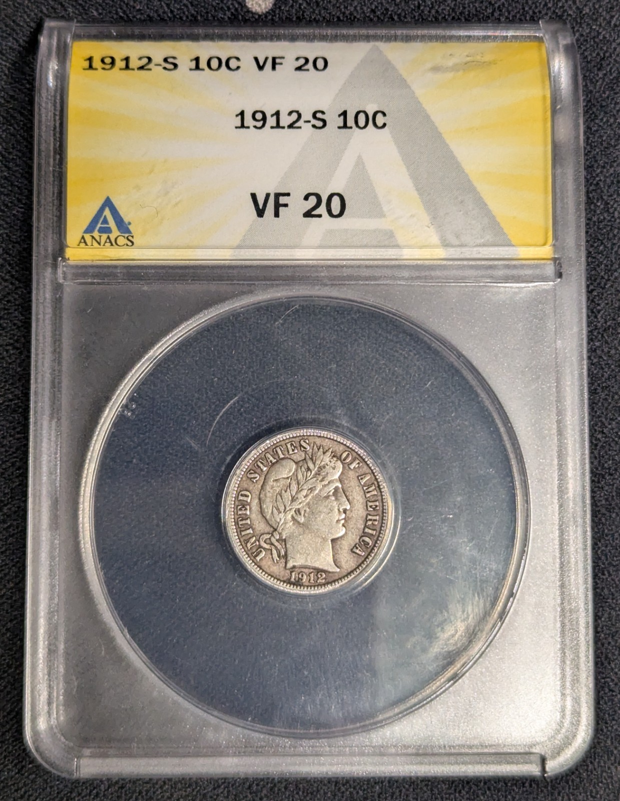 1912 S Barber Dime 10c - ANACS VF 20