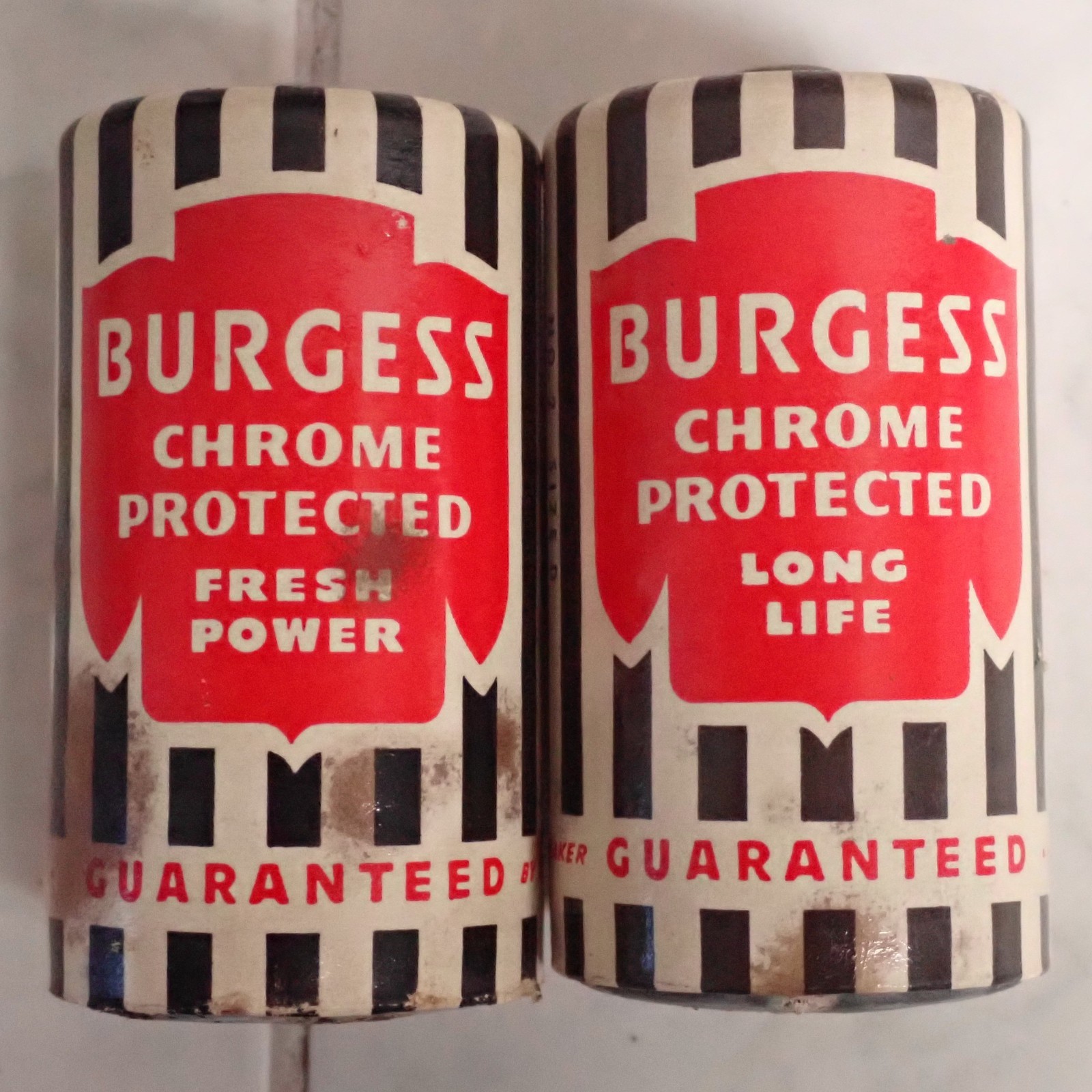 Vintage PAIR BURGESS NO. 2 Size D Battery Chrome Protected Cardboard Cover 1950s