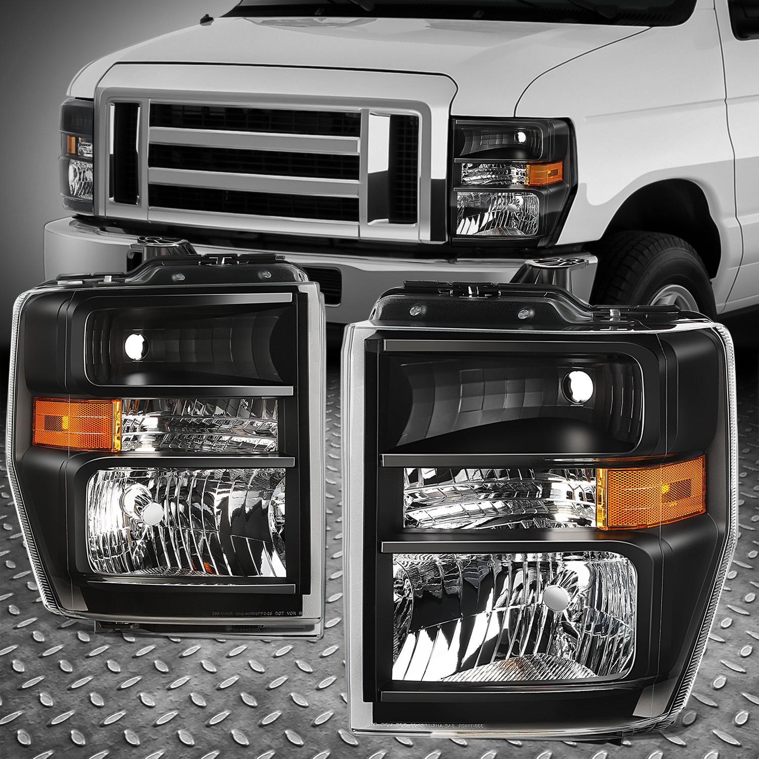For 08-21 E150 E250 E350 E450 Super Duty Econoline Van Headlight Black/Amber